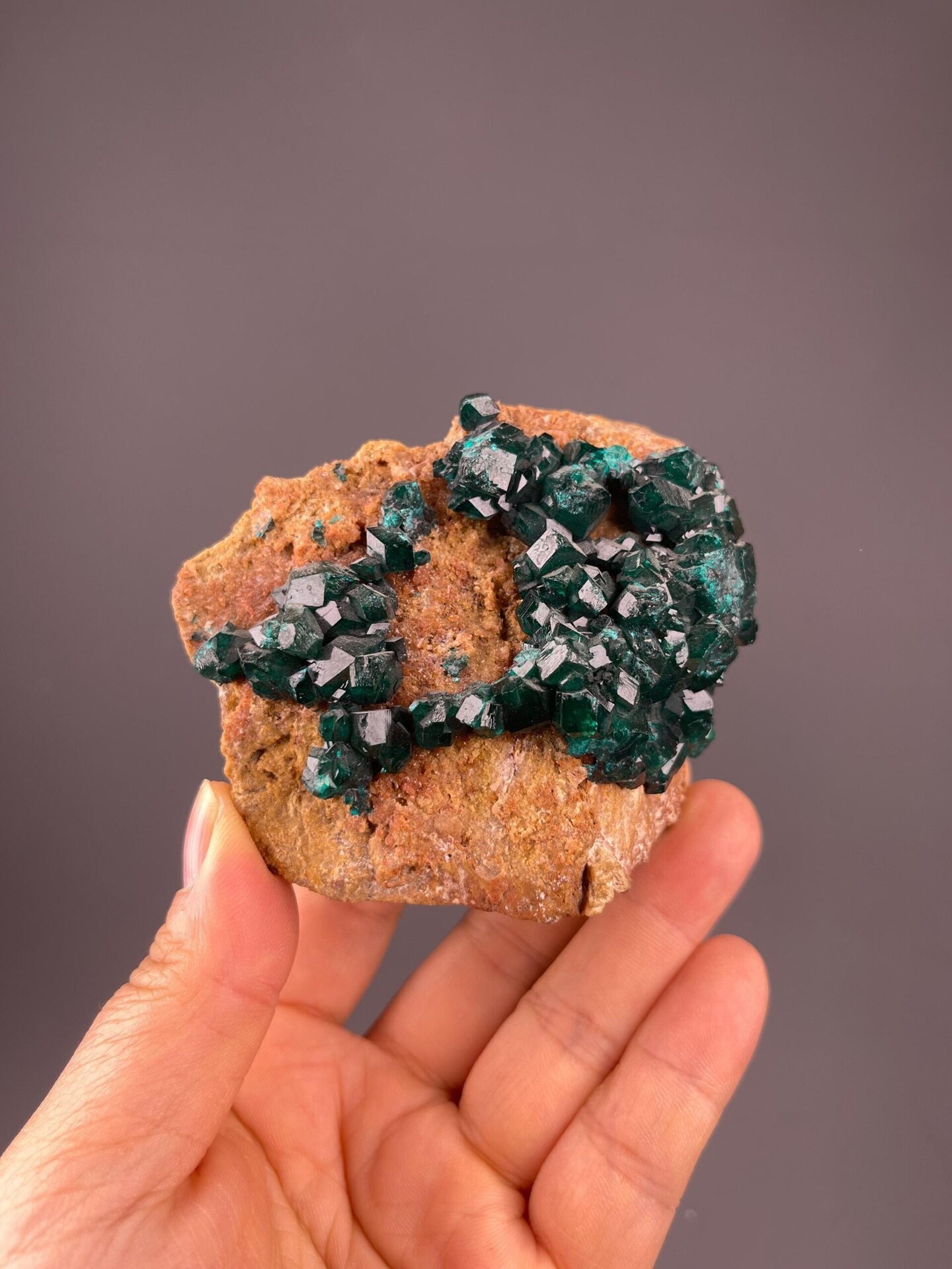 Side view of dioptase crystal cluster from Congo