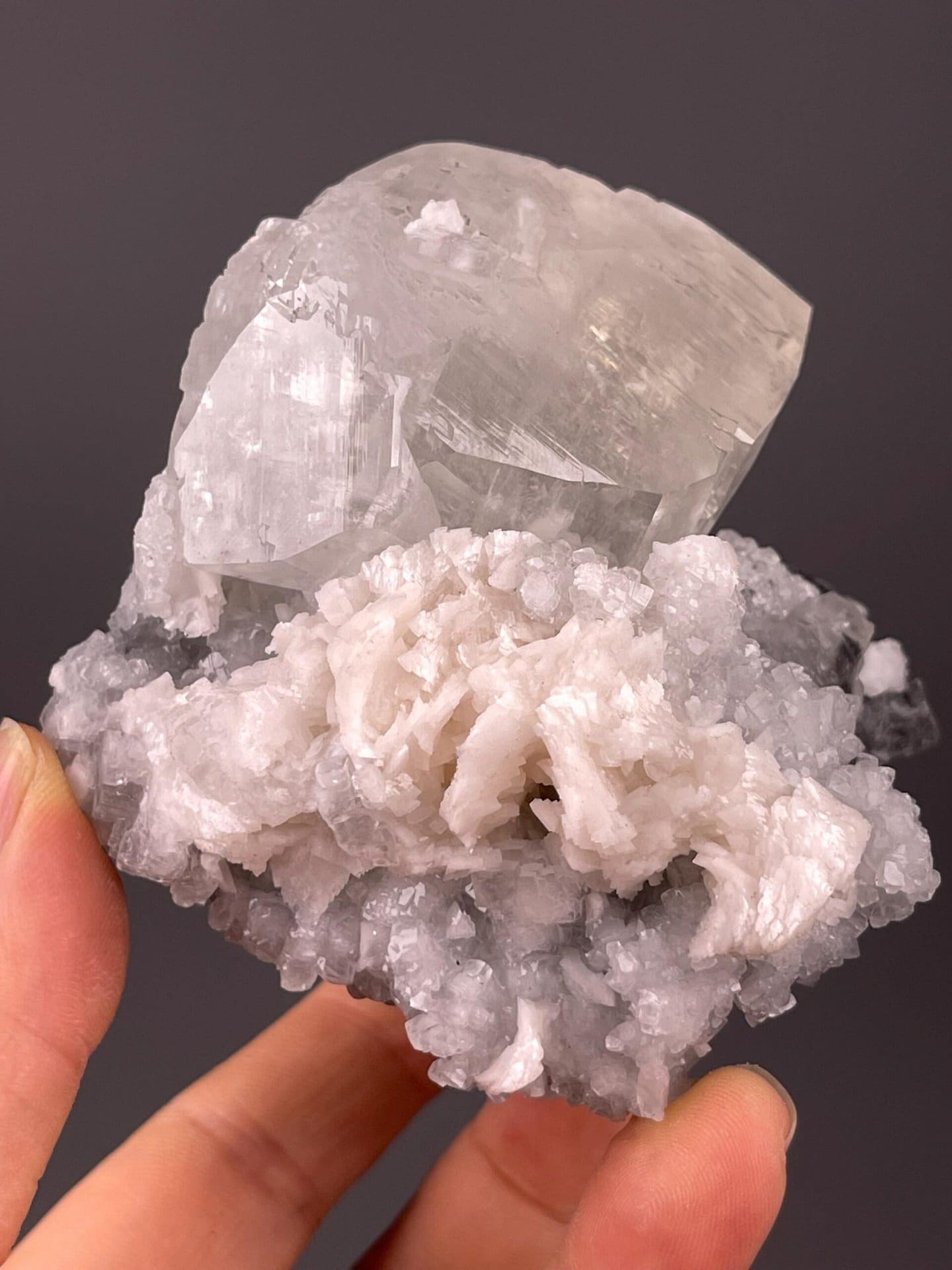 Close-up of transparent calcite crystal tower from Hubei