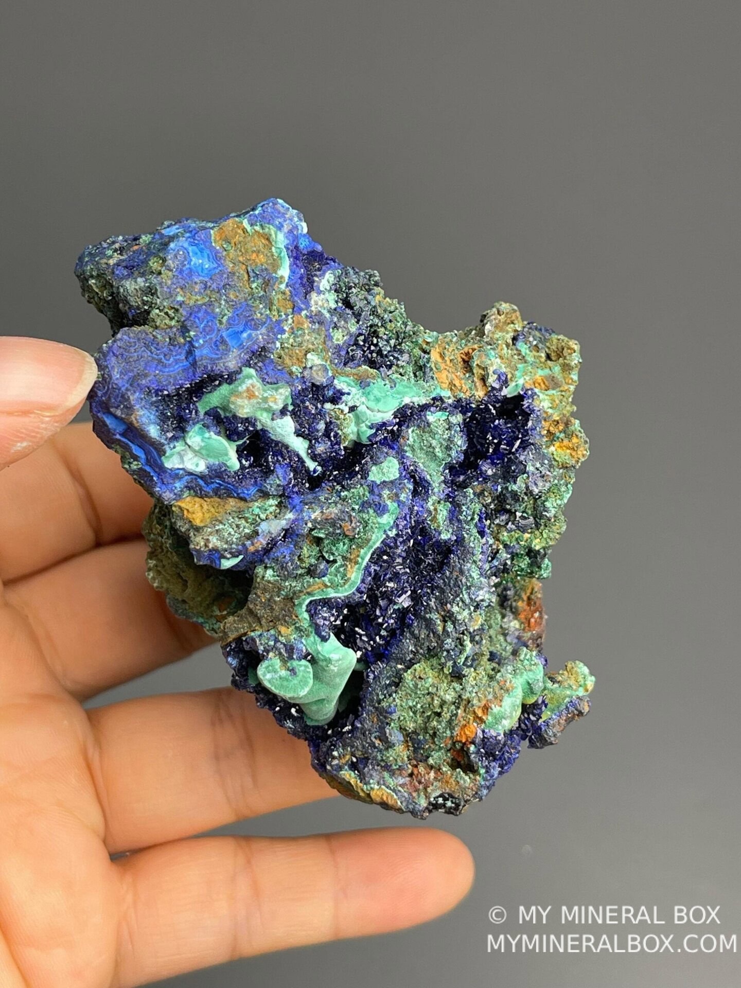 Azurite Cu3CO3OH2 blue crystals with malachite, China