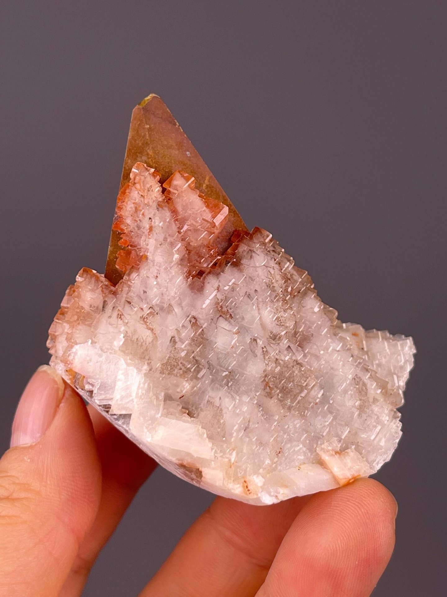 Calcite CaCO3 trigonal tower on white blade matrix