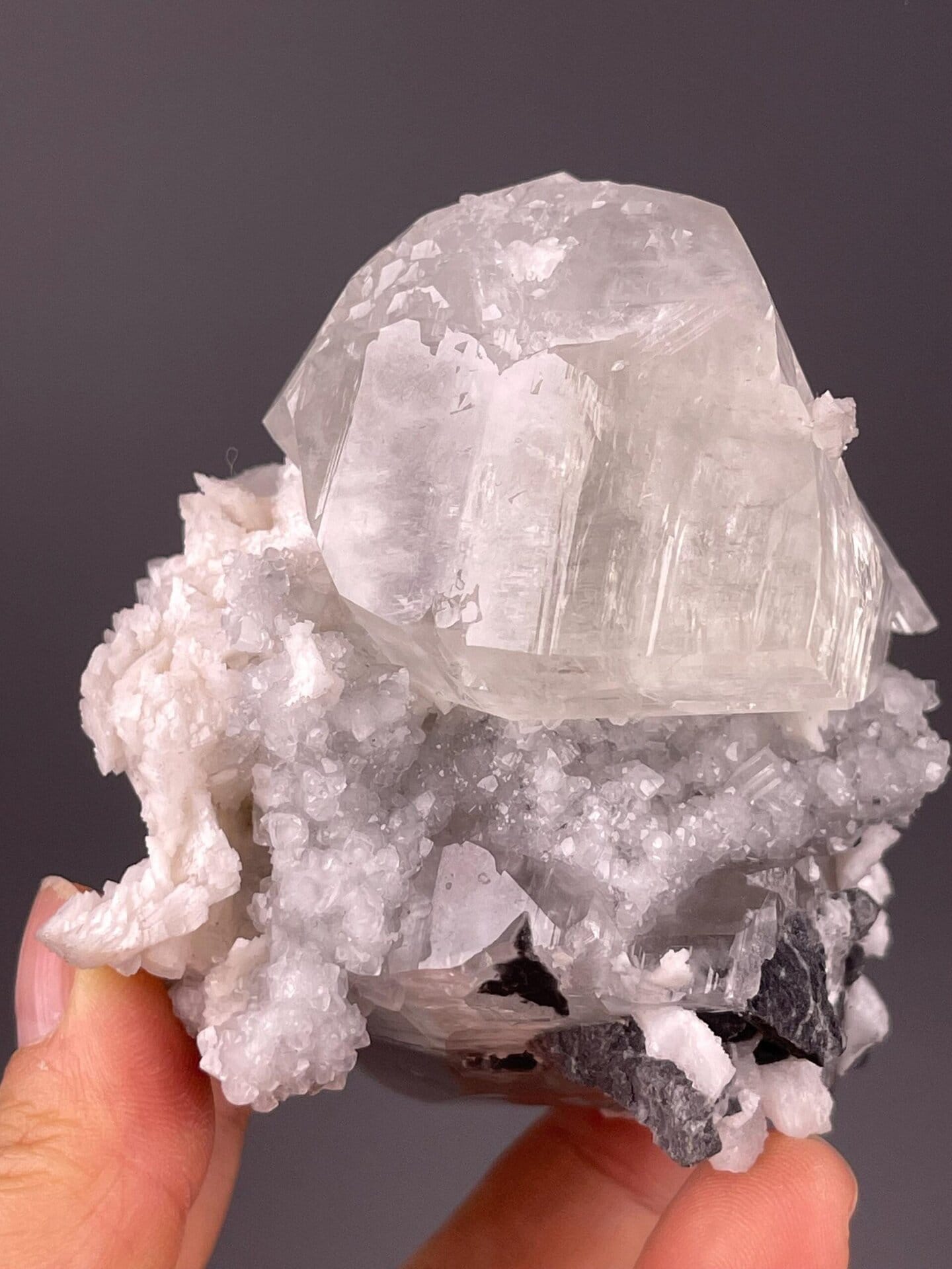 Trigonal calcite large tower crystal on matrix, Hubei