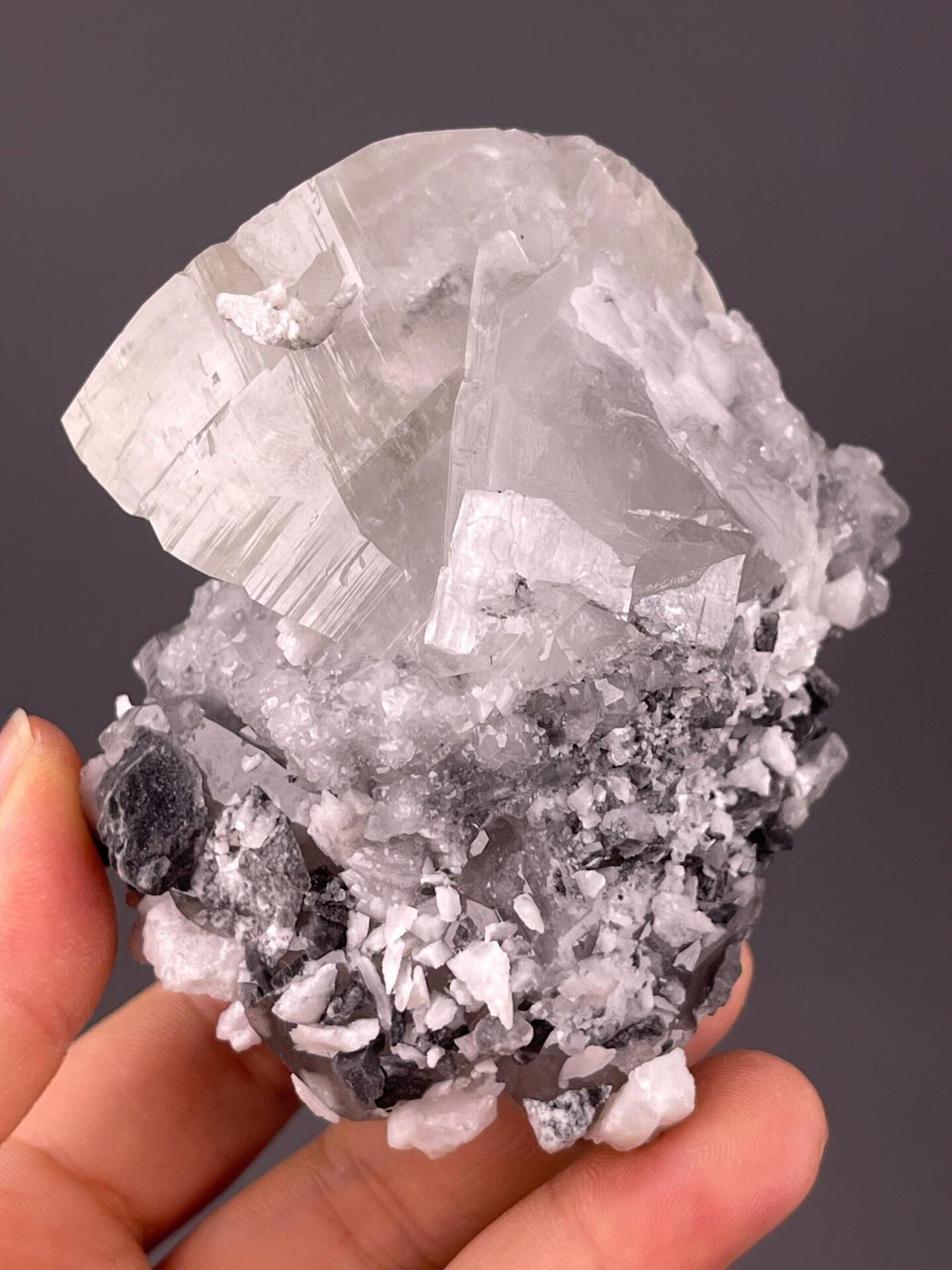 Scale view of 3.2x3.0x3.1 in calcite tower specimen