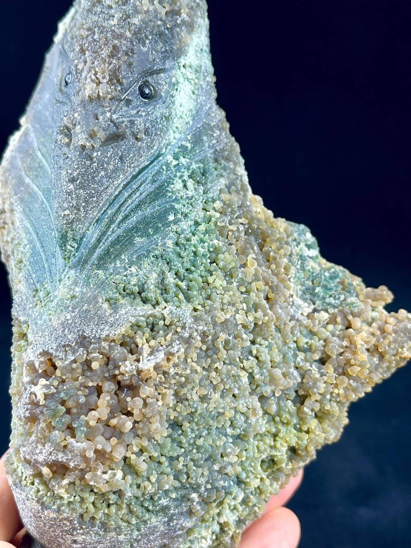 Lapidary grape agate pterosaur from Indonesia, front view