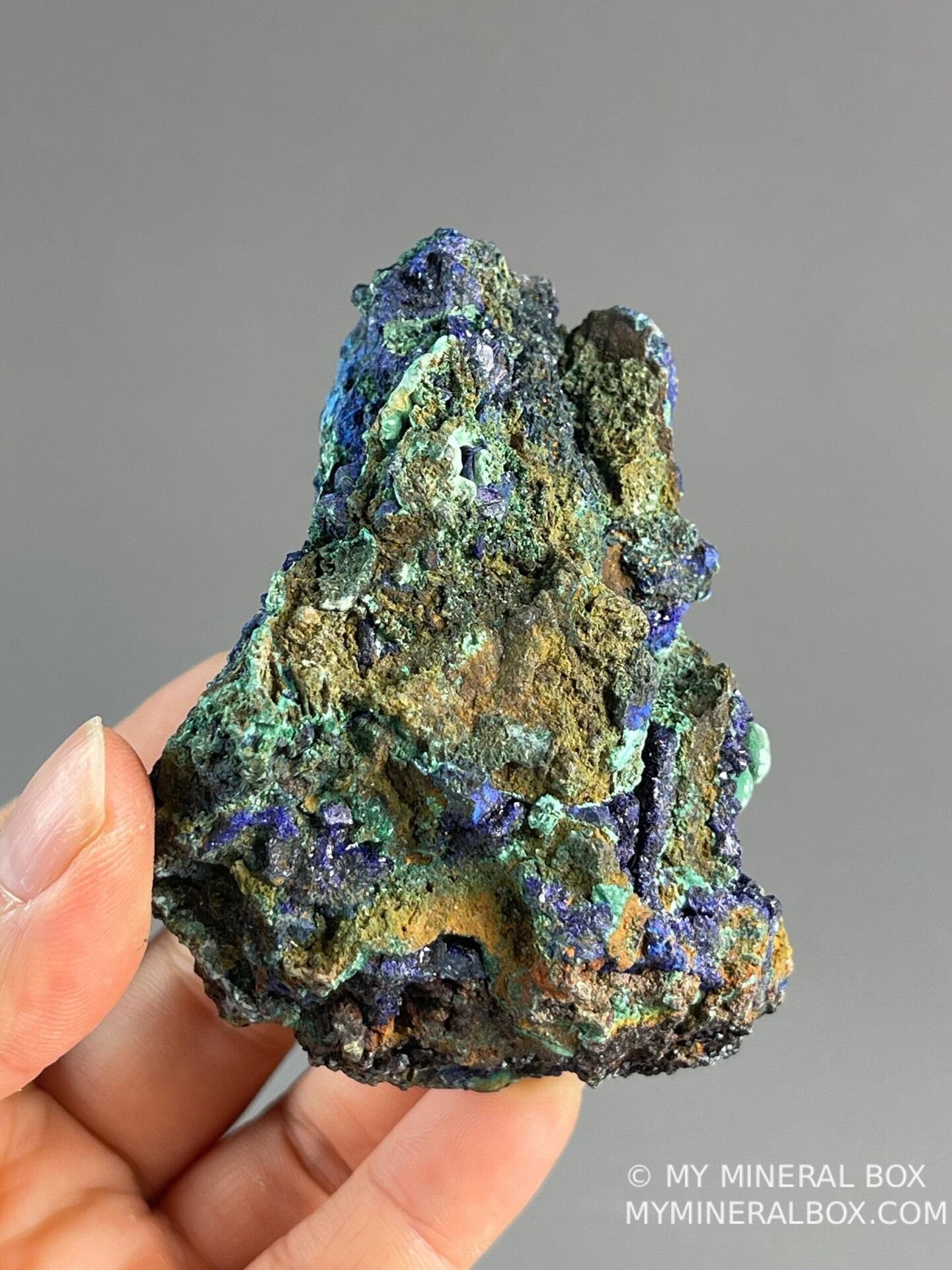 Scale view of 2.9x1.98x2.38 in azurite malachite specimen