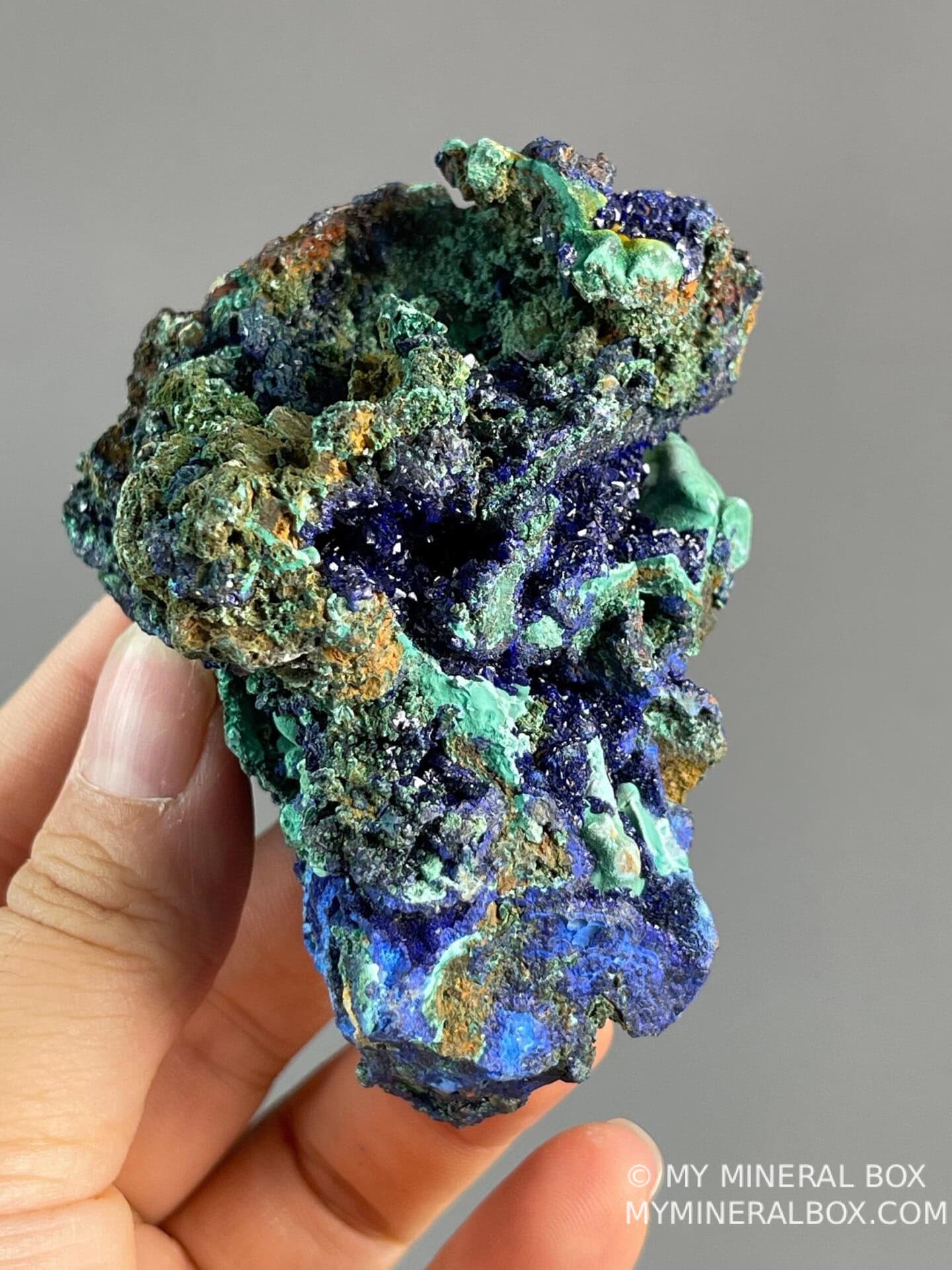 Top view of azurite with malachite crystal formation, China