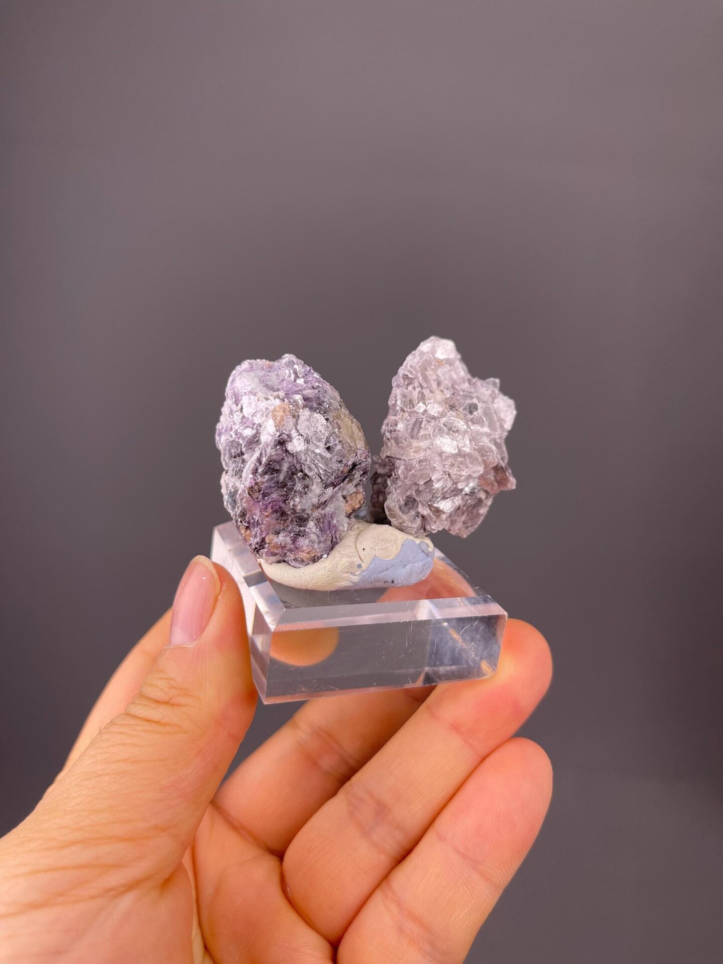 Silver mica plate and purple mica cluster, two-piece mineral set