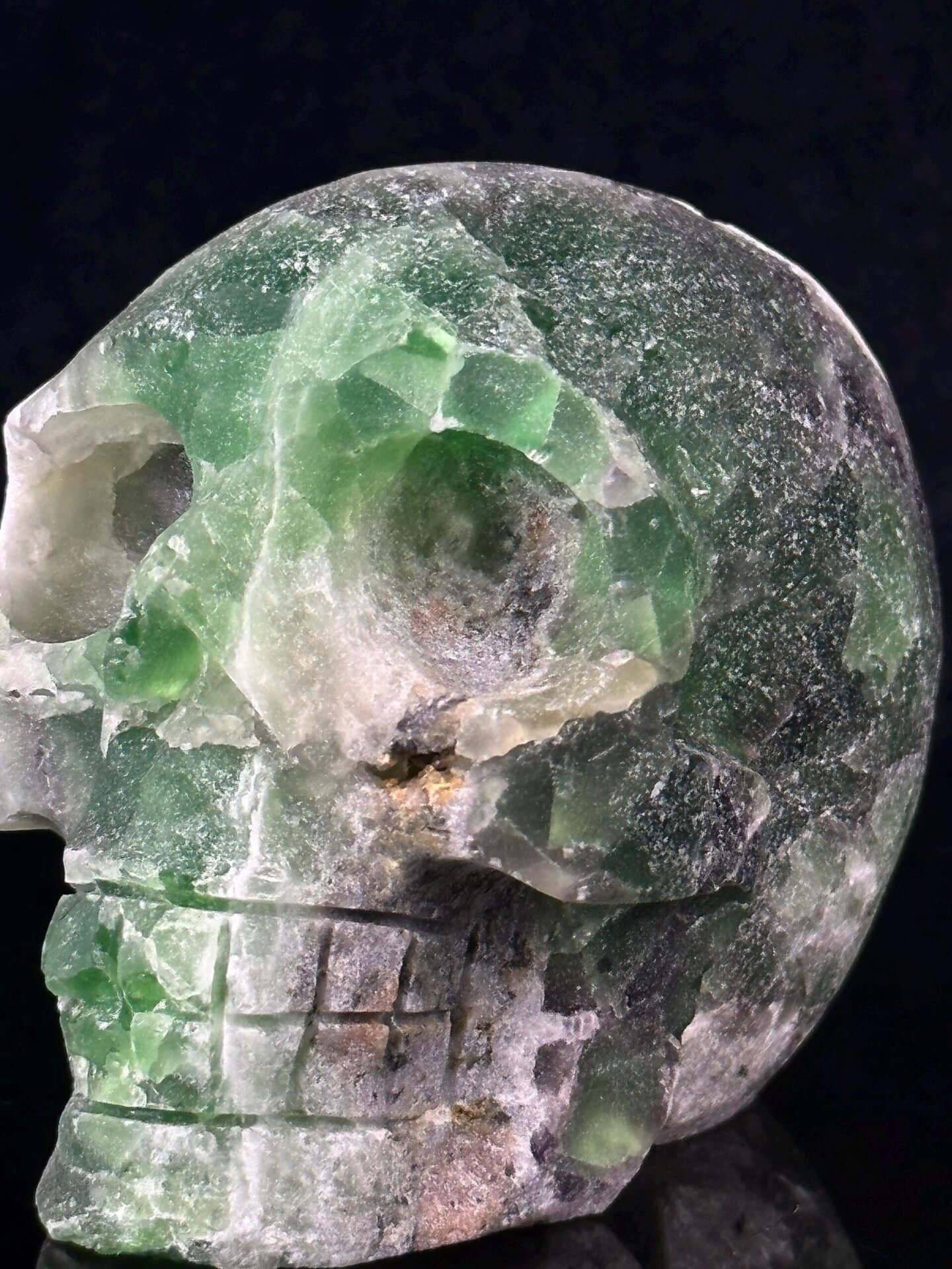 Carved fluorite skull measuring 3.6×2.4×3.0 inches