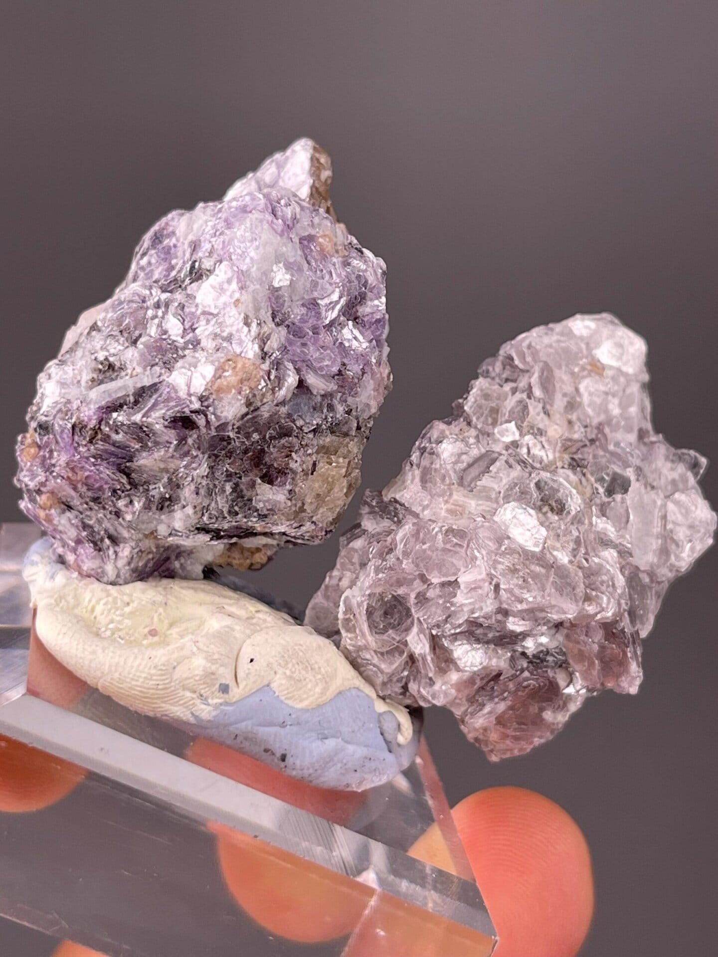 Matched mica pair with contrasting silver and purple coloration