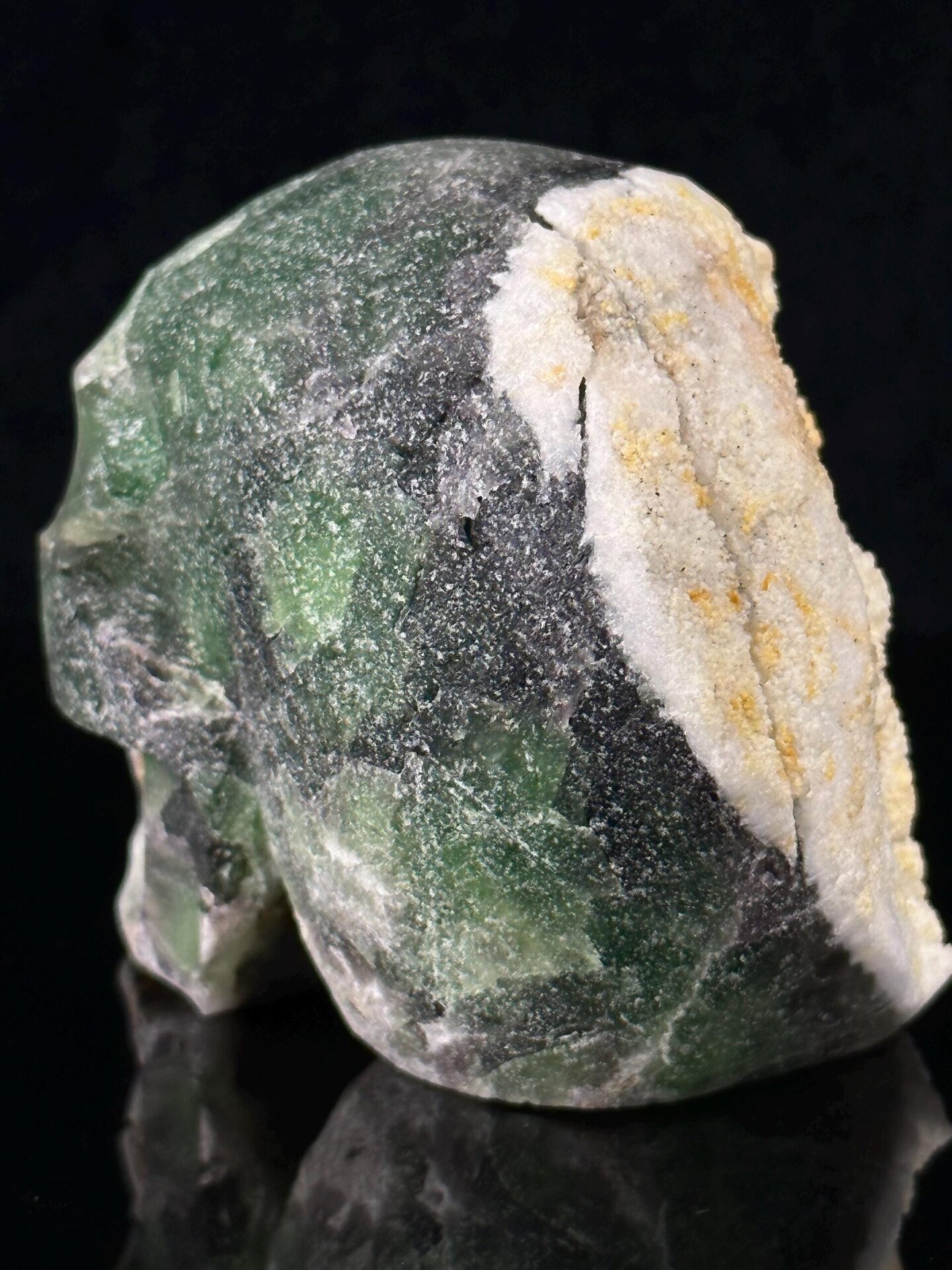 Green fluorite skull with natural crystalline geode cavity