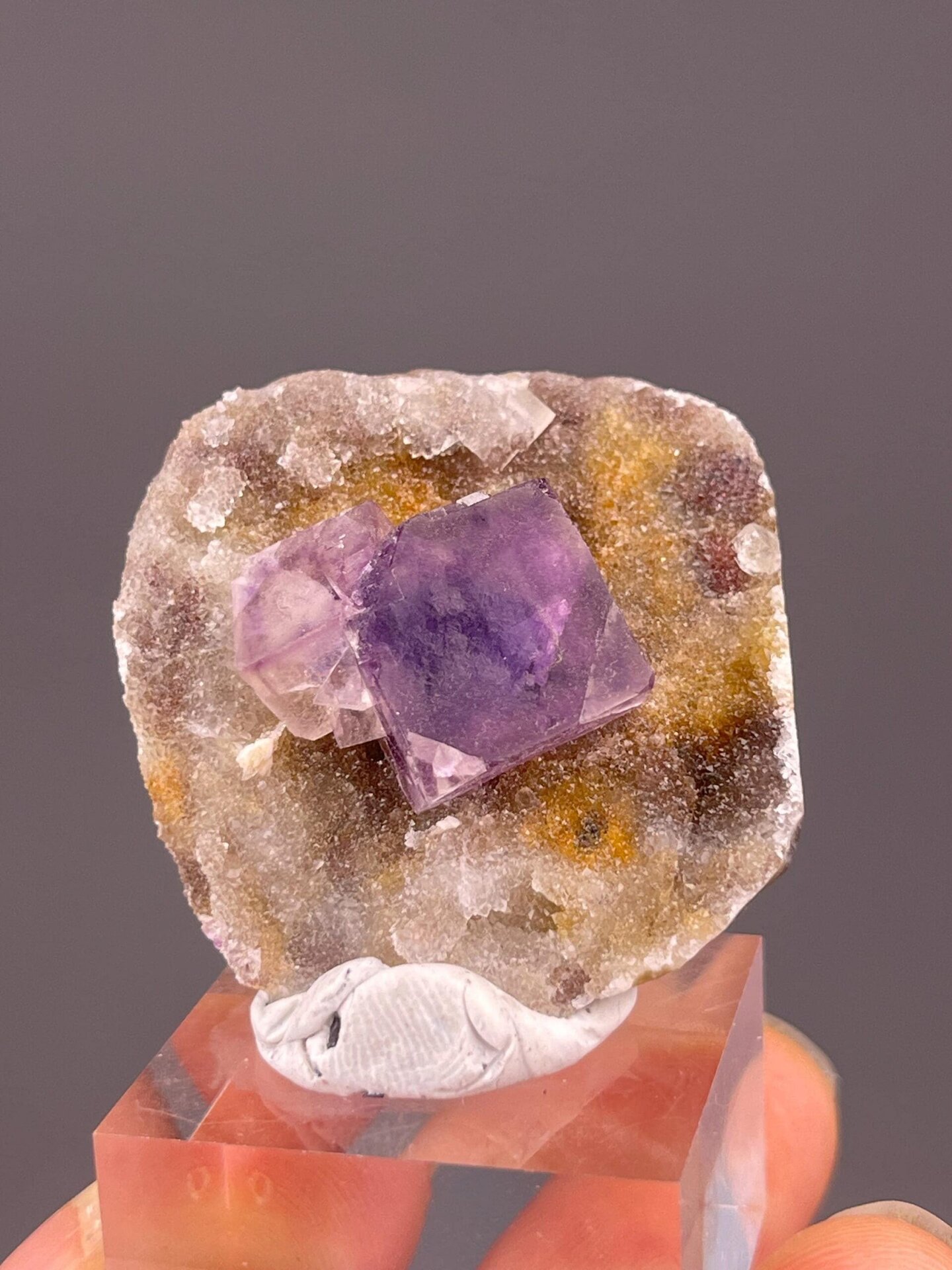Purple fluorite cubic crystal with phantom frame growth pattern
