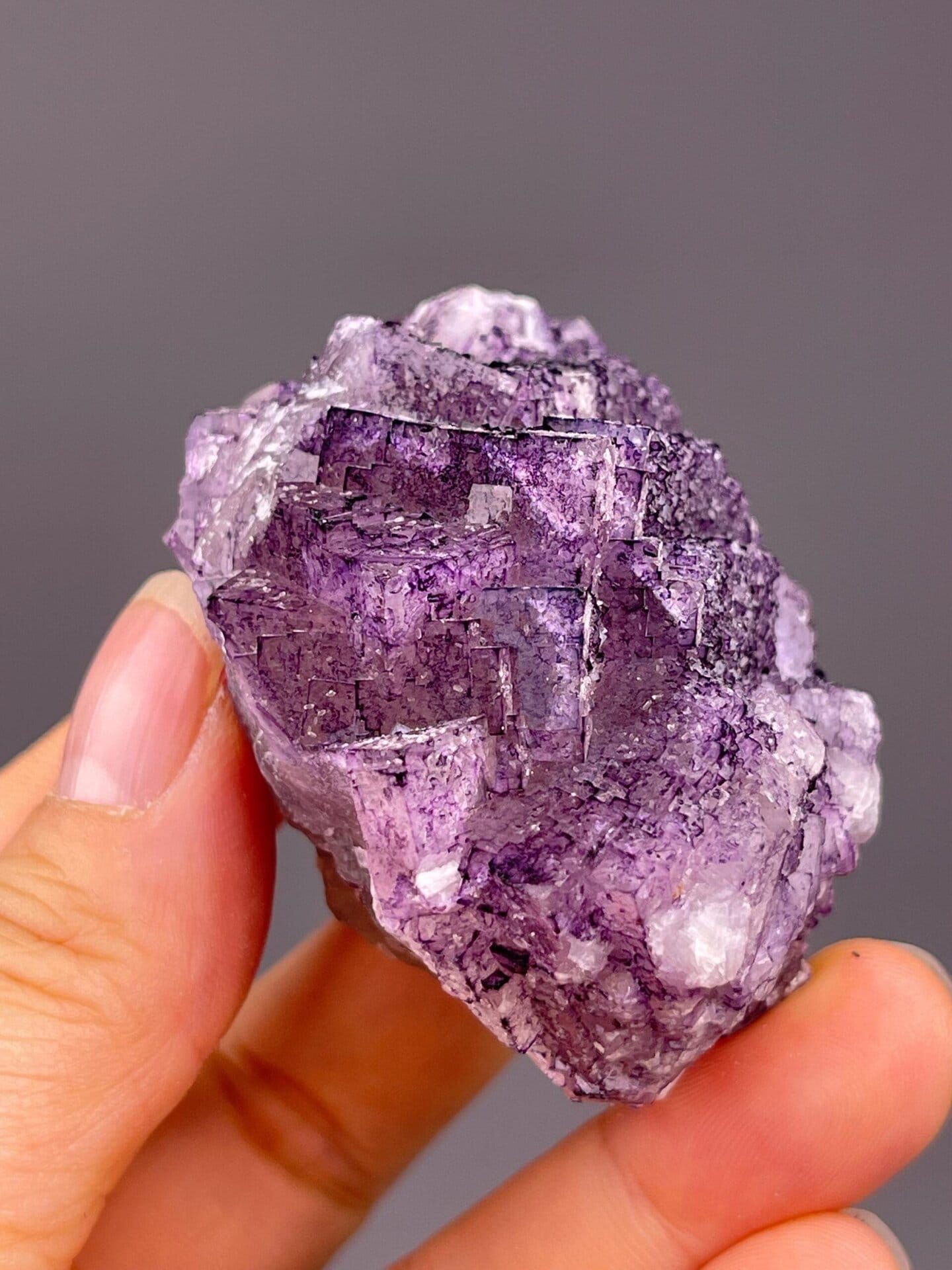 Purple fluorite with layered textured crystal growth, 4.23 oz