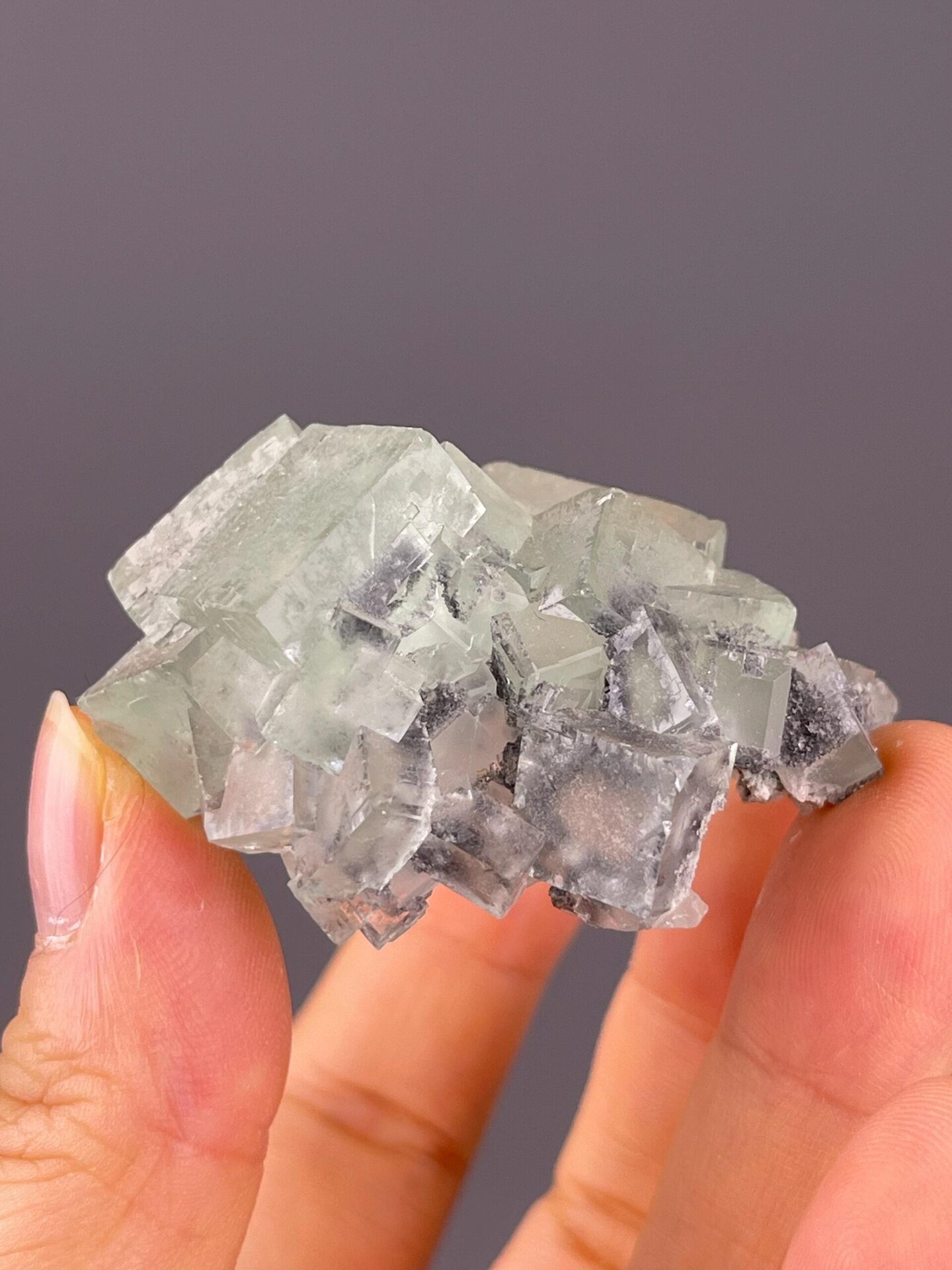 Top view of green fluorite cubic crystal cluster
