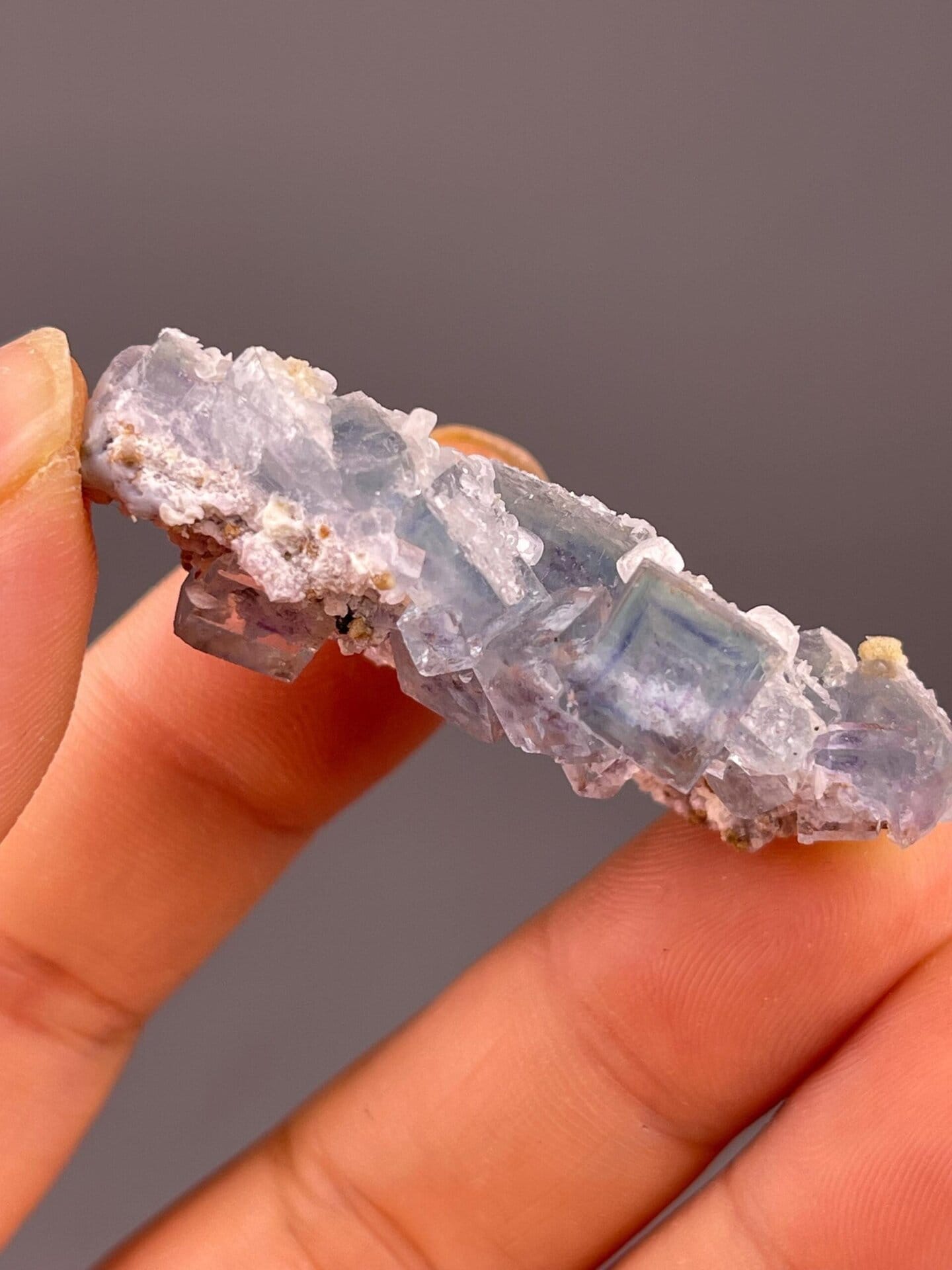 Blue fluorite with white calcite matrix detail