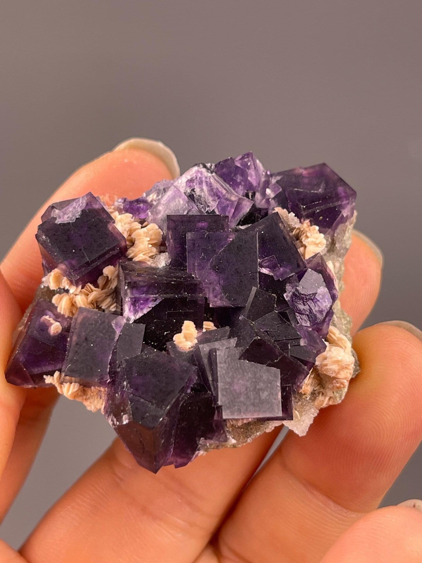 Purple fluorite cubic crystal habit on calcite