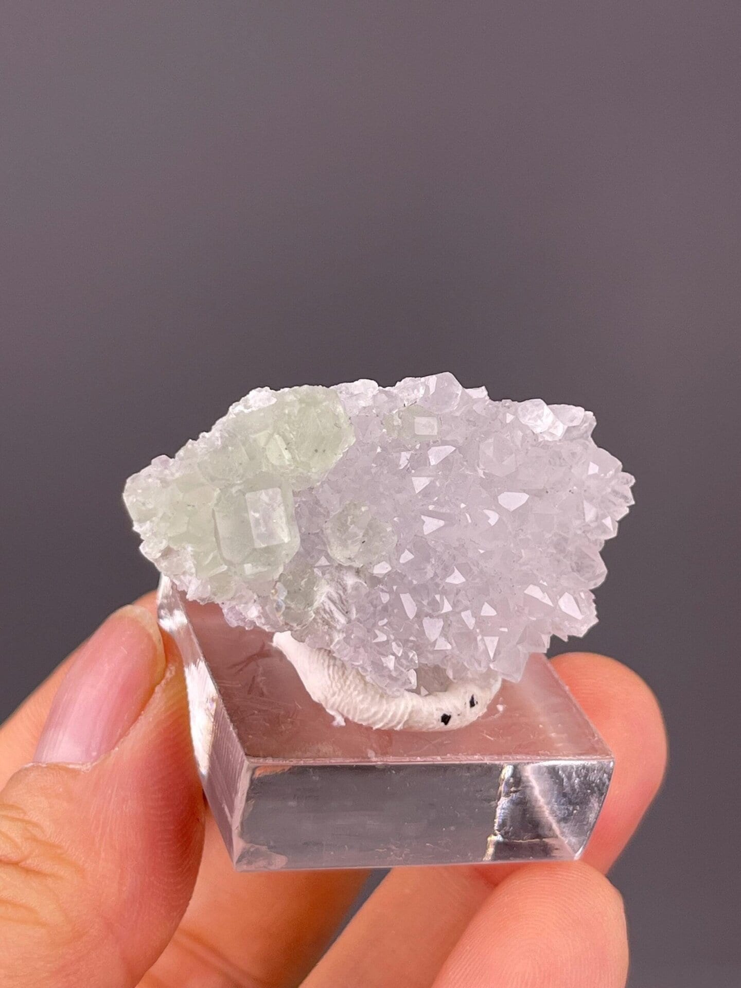 Full view of green fluorite quartz thumbnail specimen