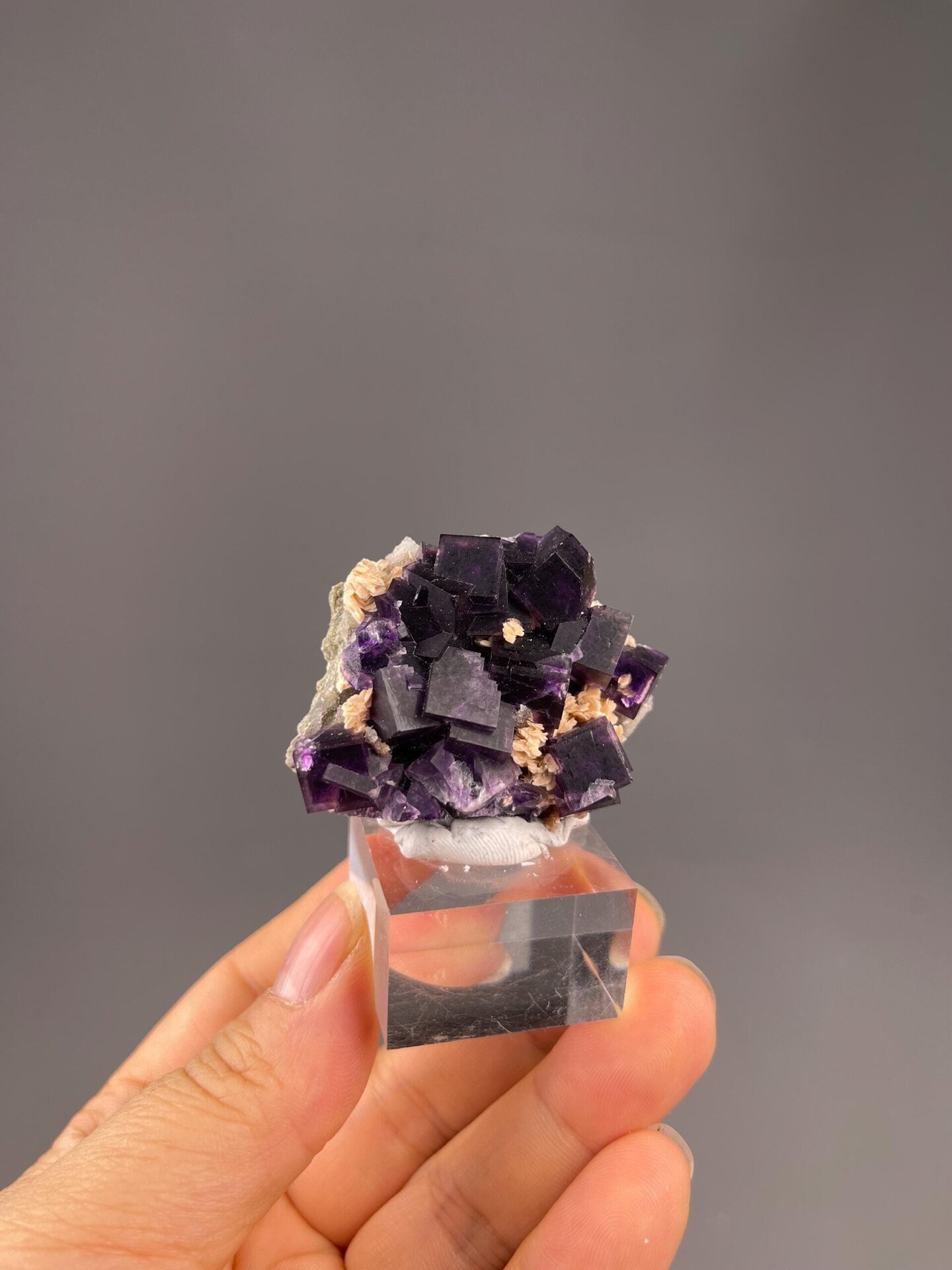 Angled view of purple fluorite calcite matrix Anhui
