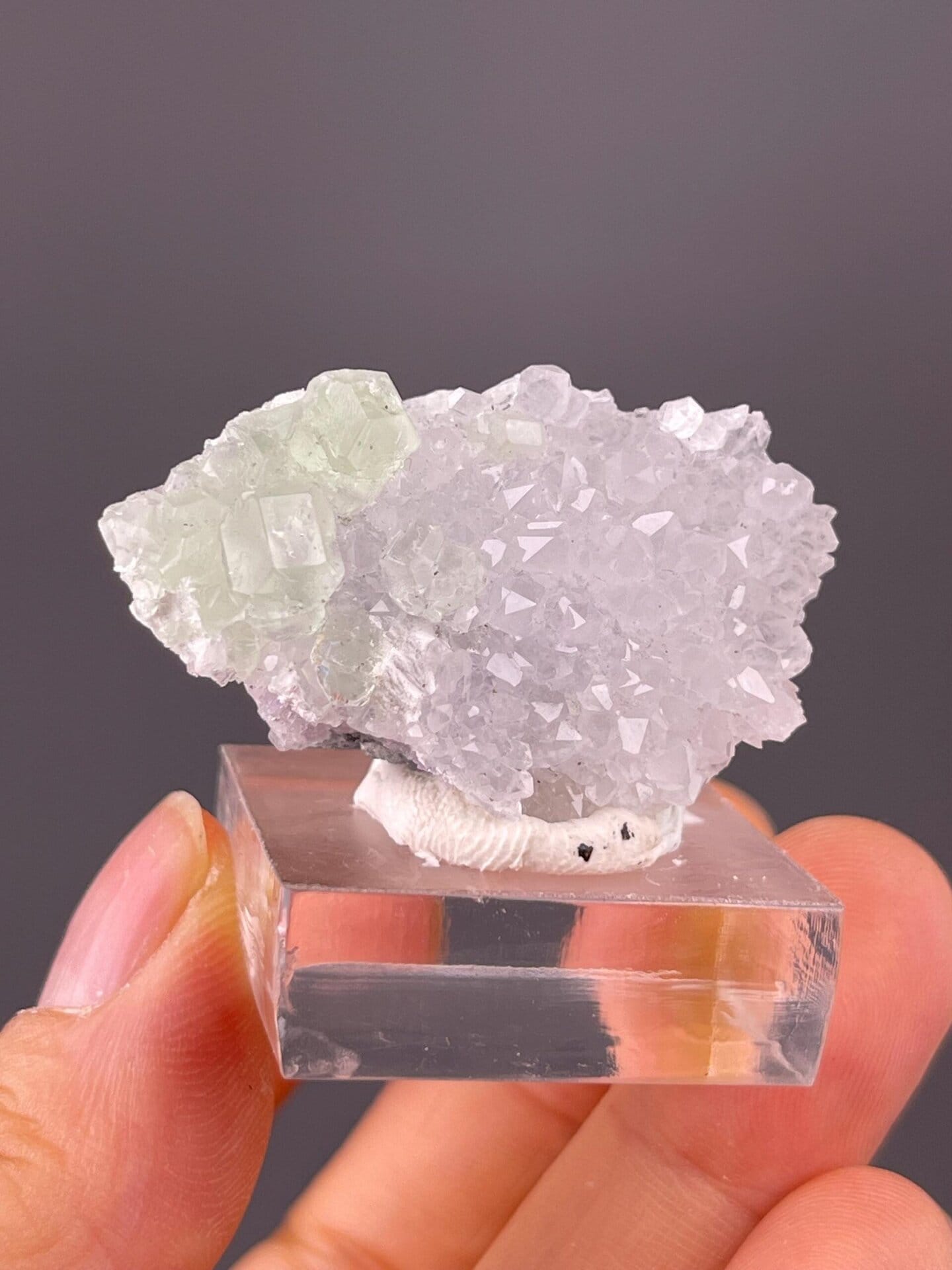 Angled view of green fluorite quartz specimen