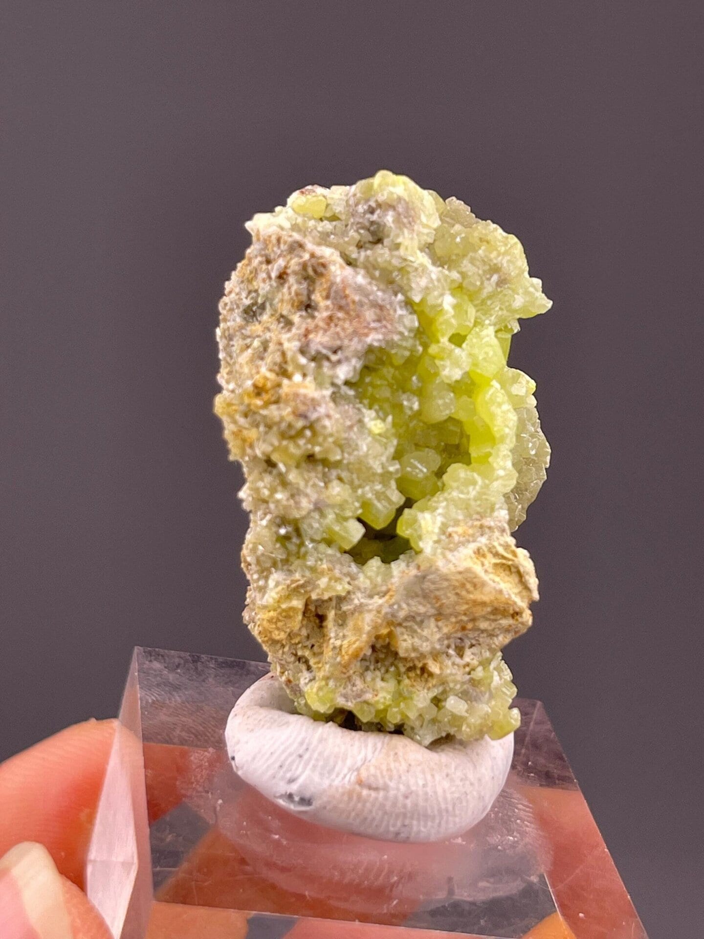Angled view of green pyromorphite hexagonal cluster