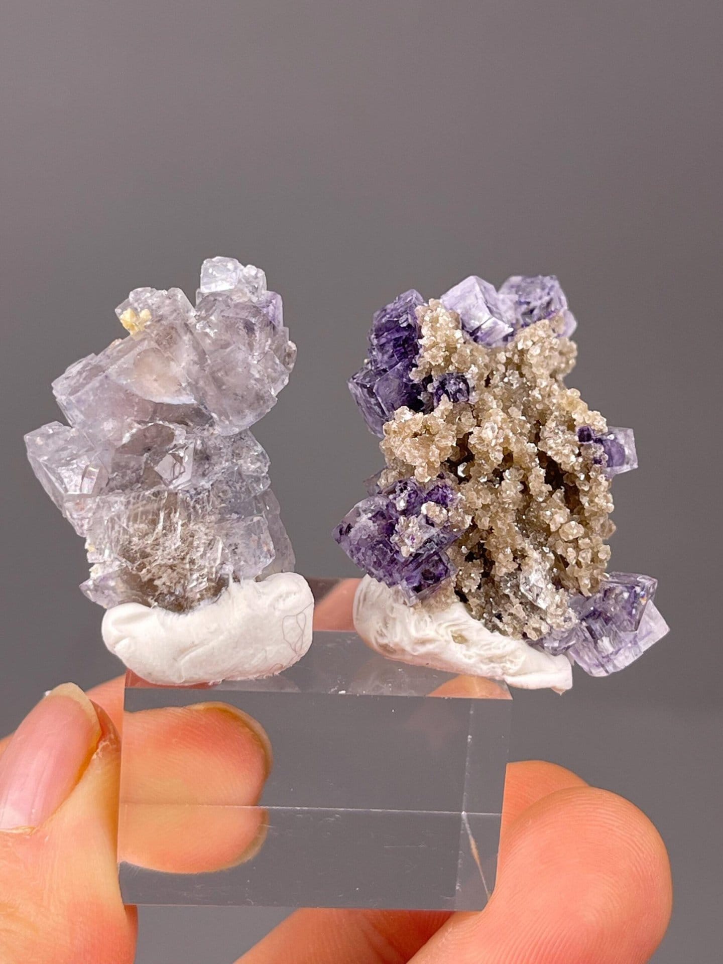 Two purple fluorite specimens set side profile