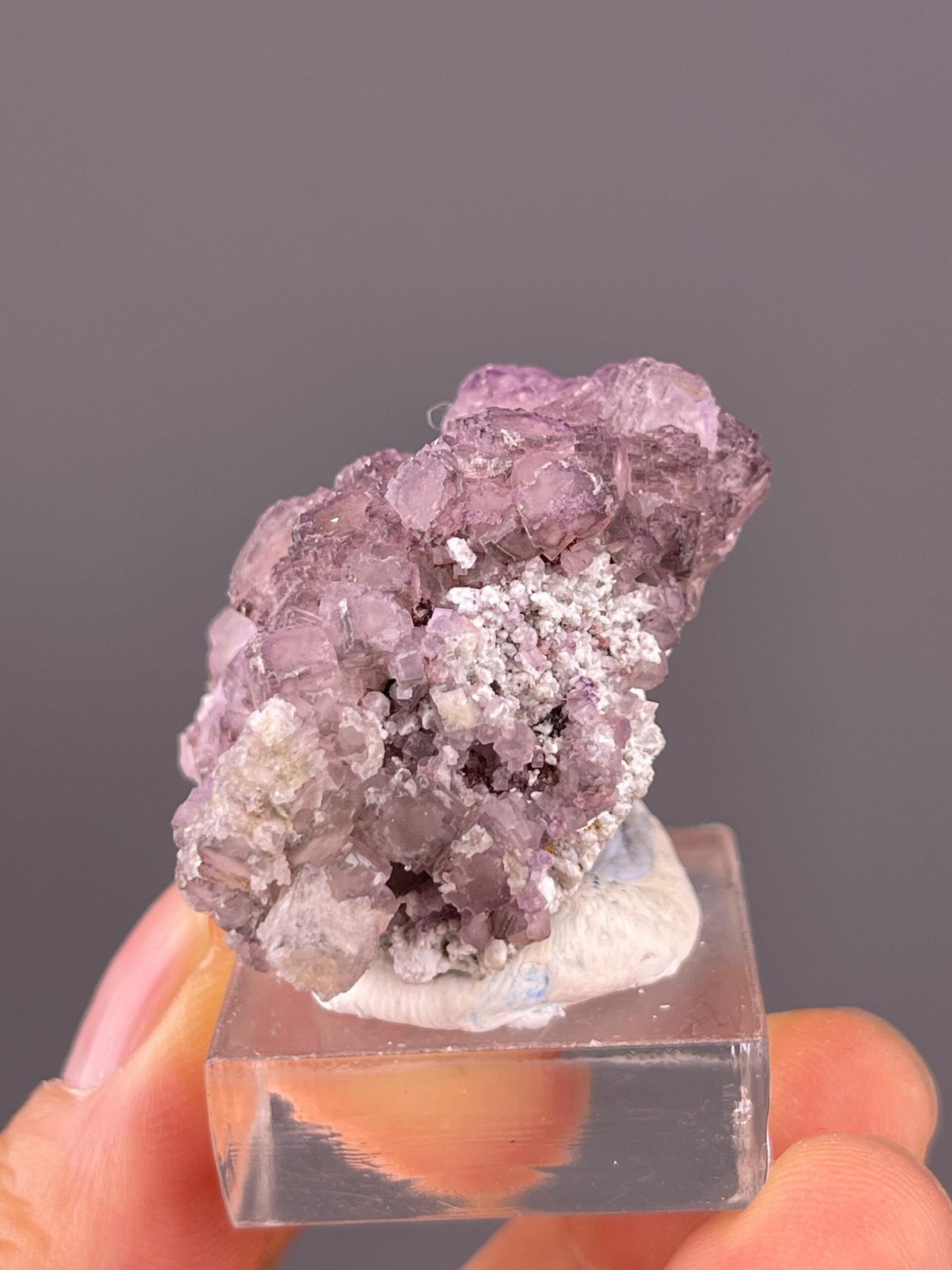 Purple elongated fluorite overhead top-down view