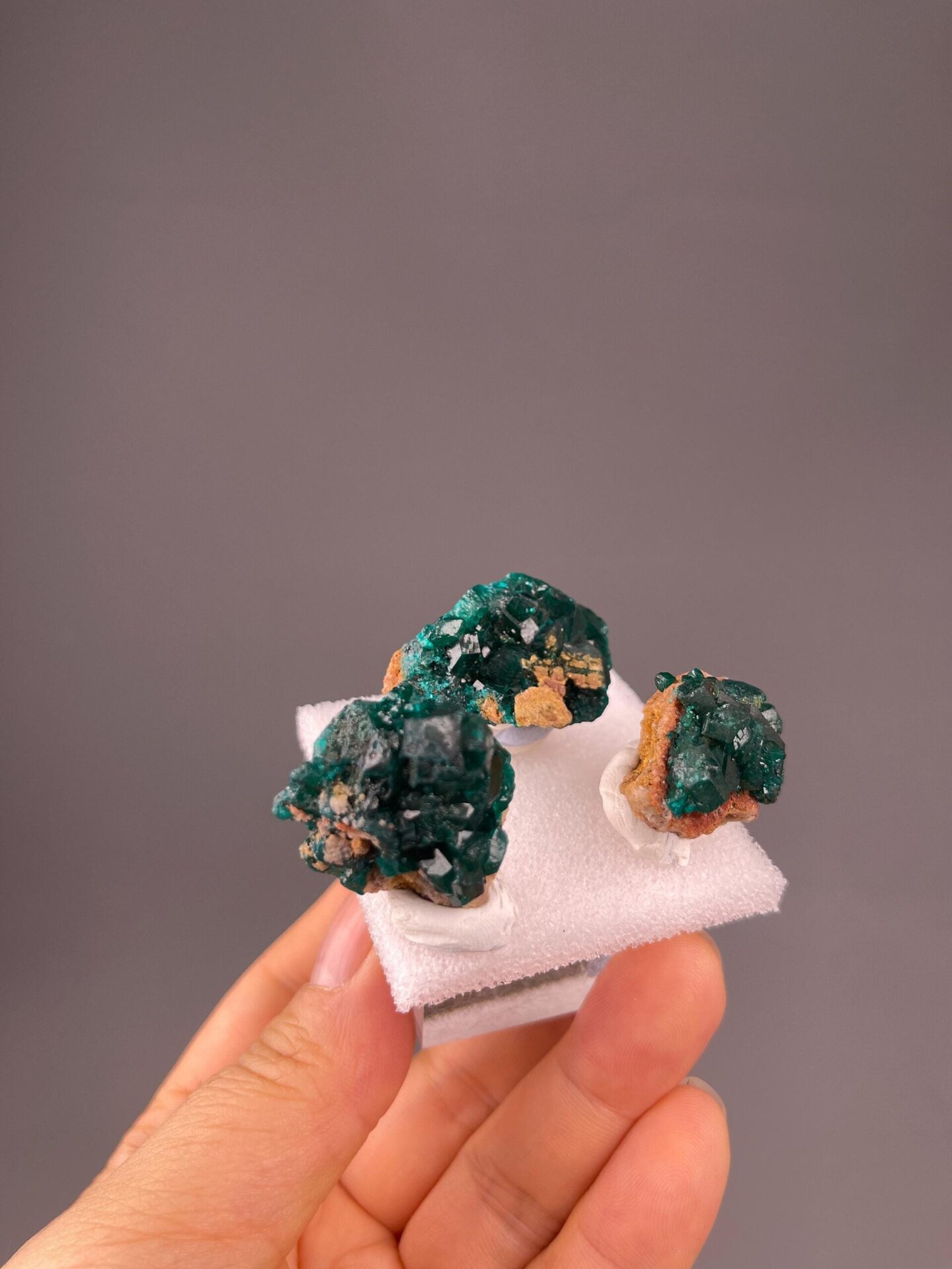Deep green dioptase crystals on matrix close-up