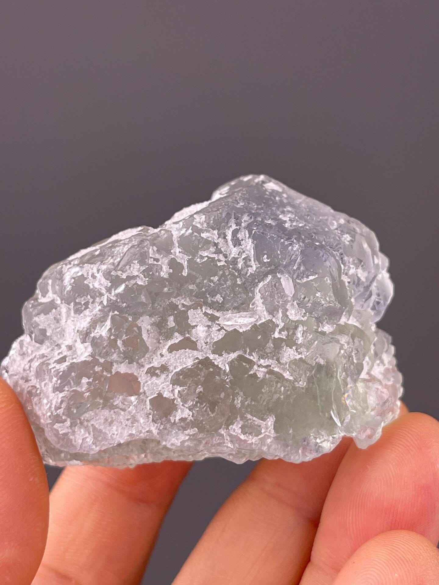 Front view of green sugar fluorite with quartz frost from Fujian