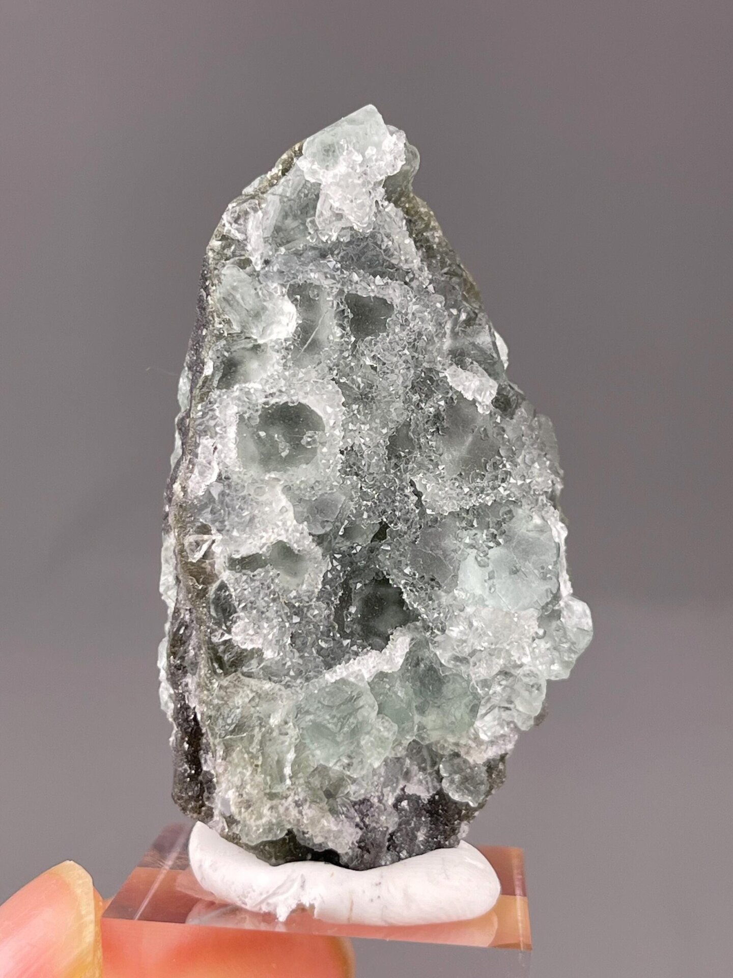 Front view of raw green fluorite with sugar-coated finish from Fujian