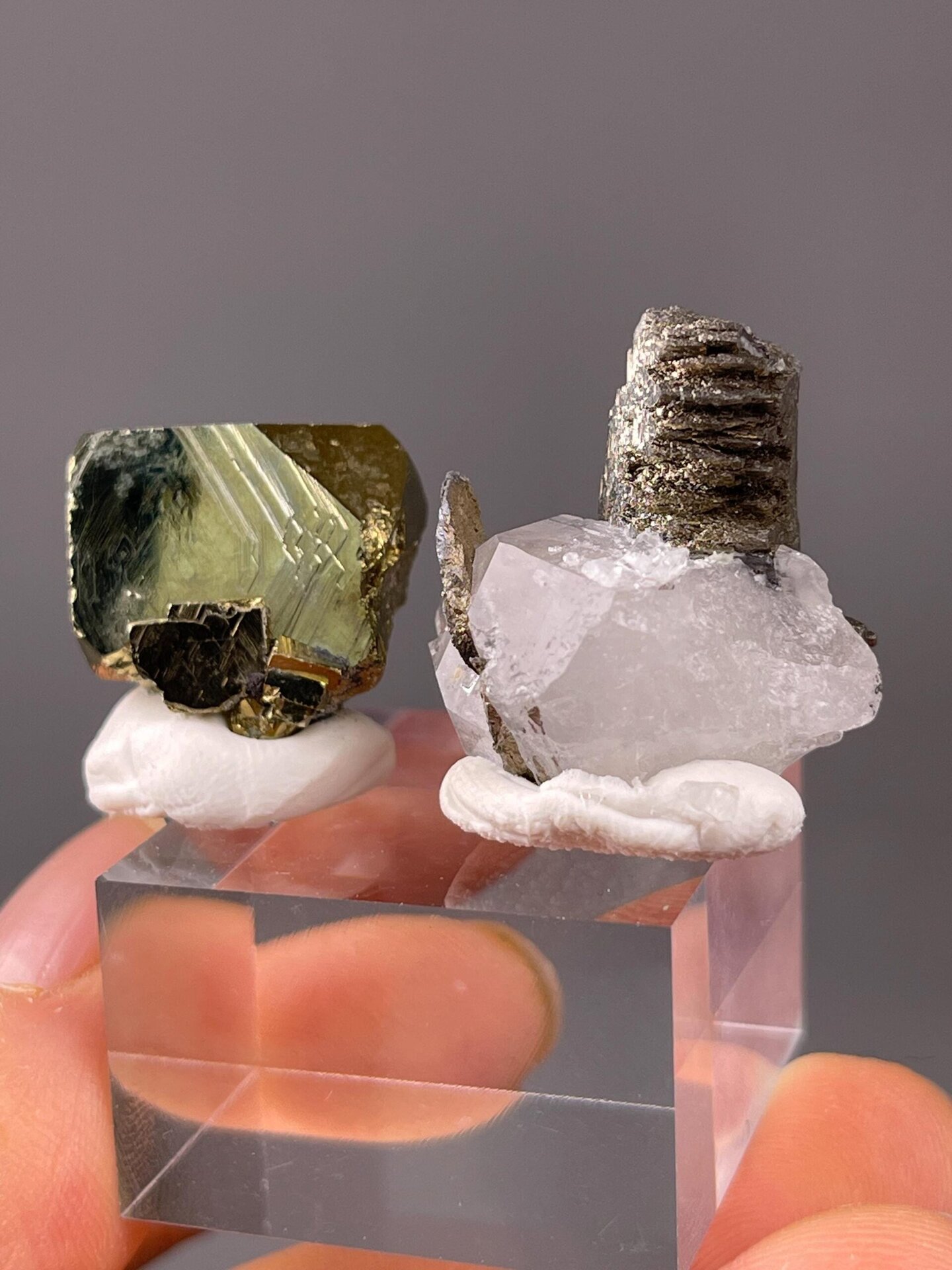 Front view of chalcopyrite and iron ore specimen set