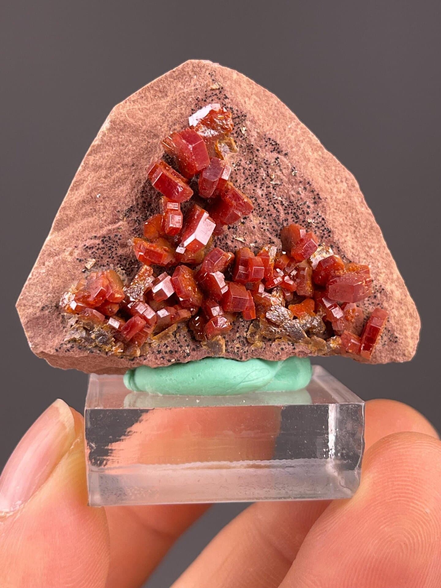 Front view of red vanadinite crystals from Mibladen Morocco