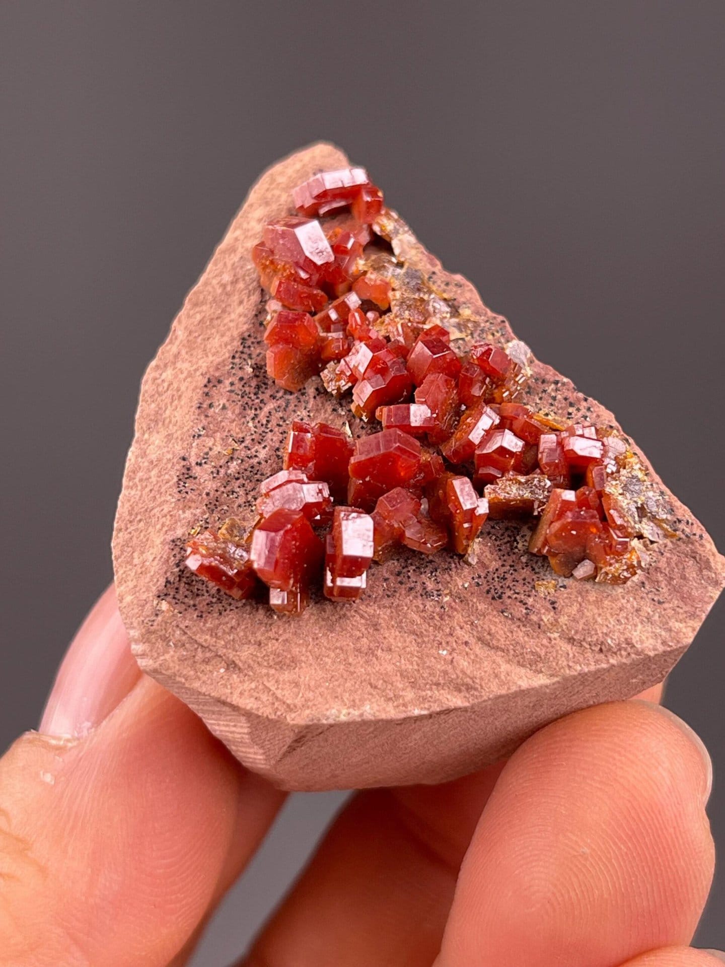 Fiery red vanadinite color under studio lighting