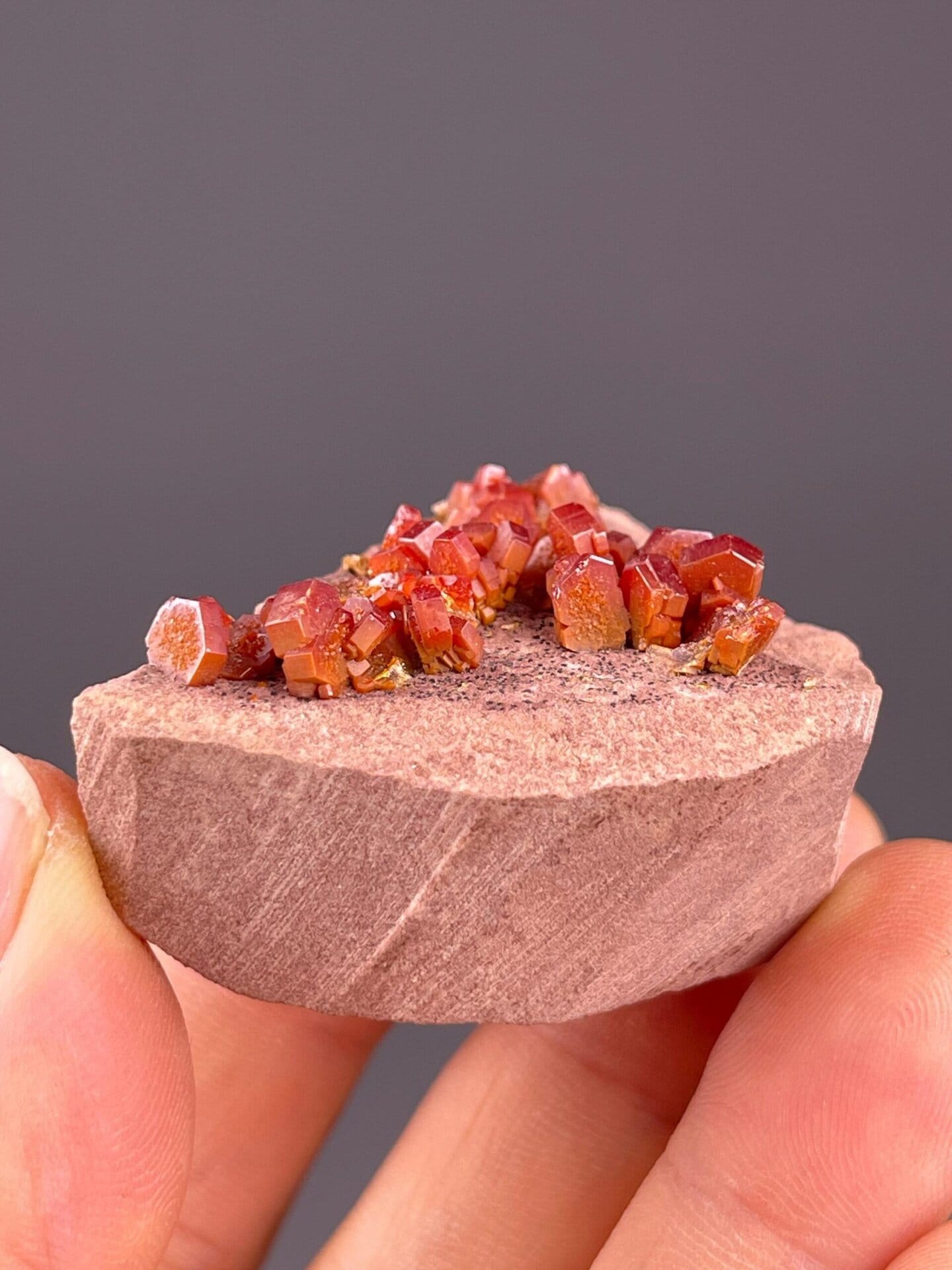 Multiple hexagonal vanadinite prisms in cluster