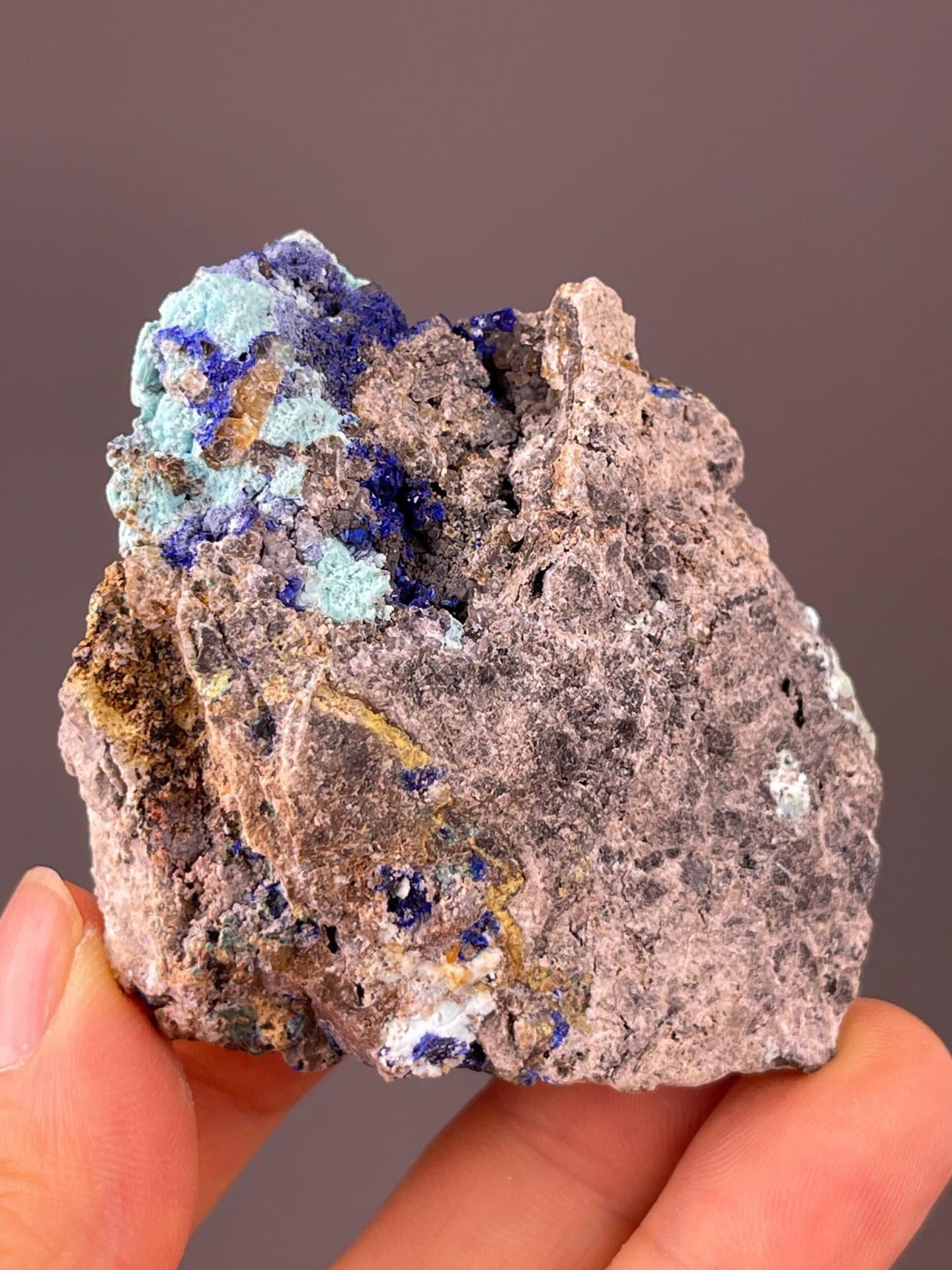 Front view of raw malachite and azurite cluster from China