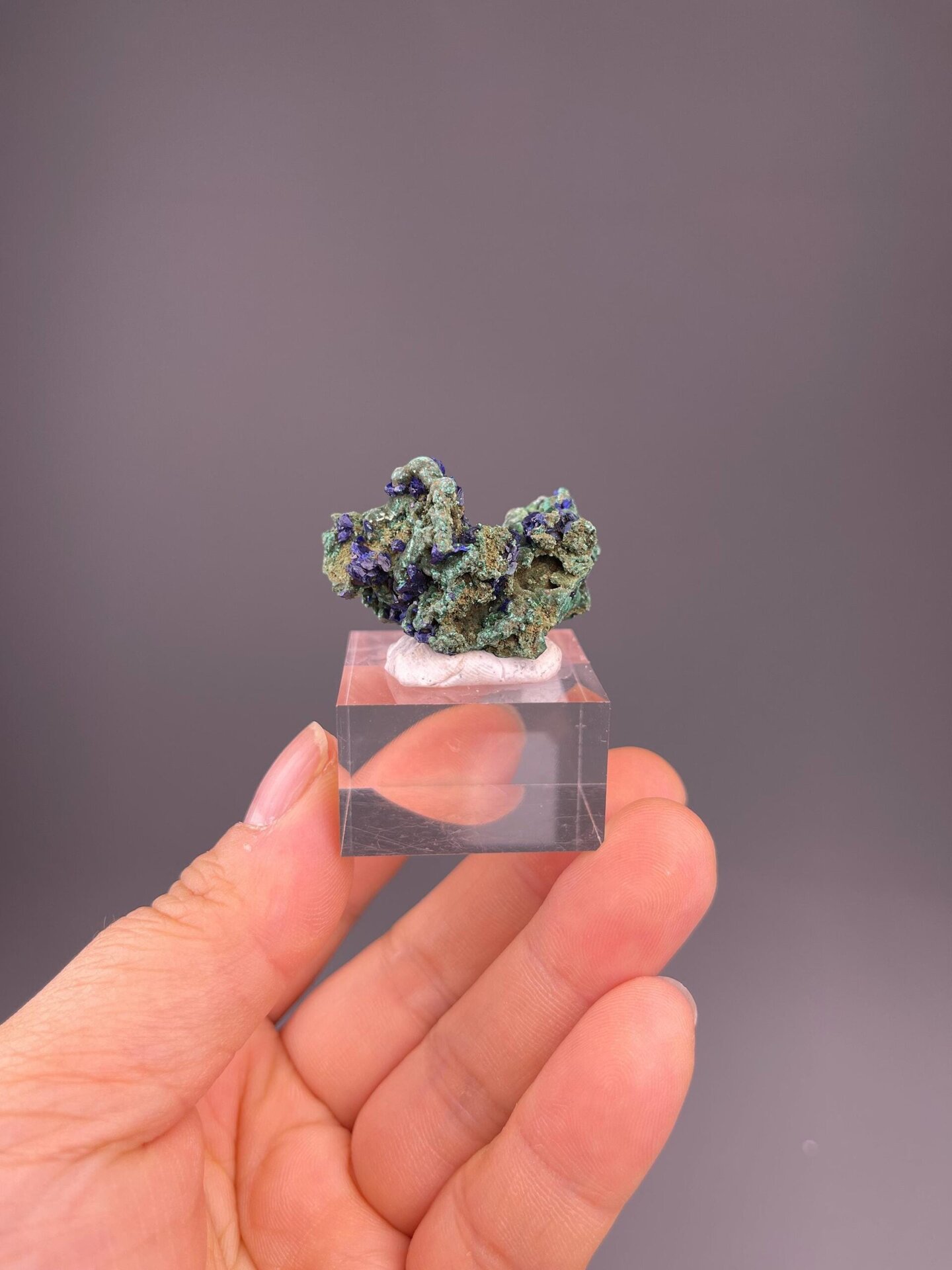 Vivid blue azurite crystals on green malachite matrix