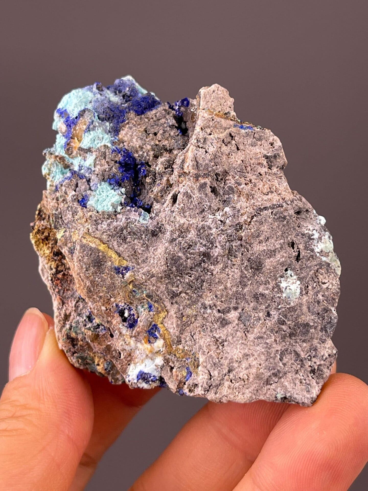 Side view of malachite azurite cluster specimen