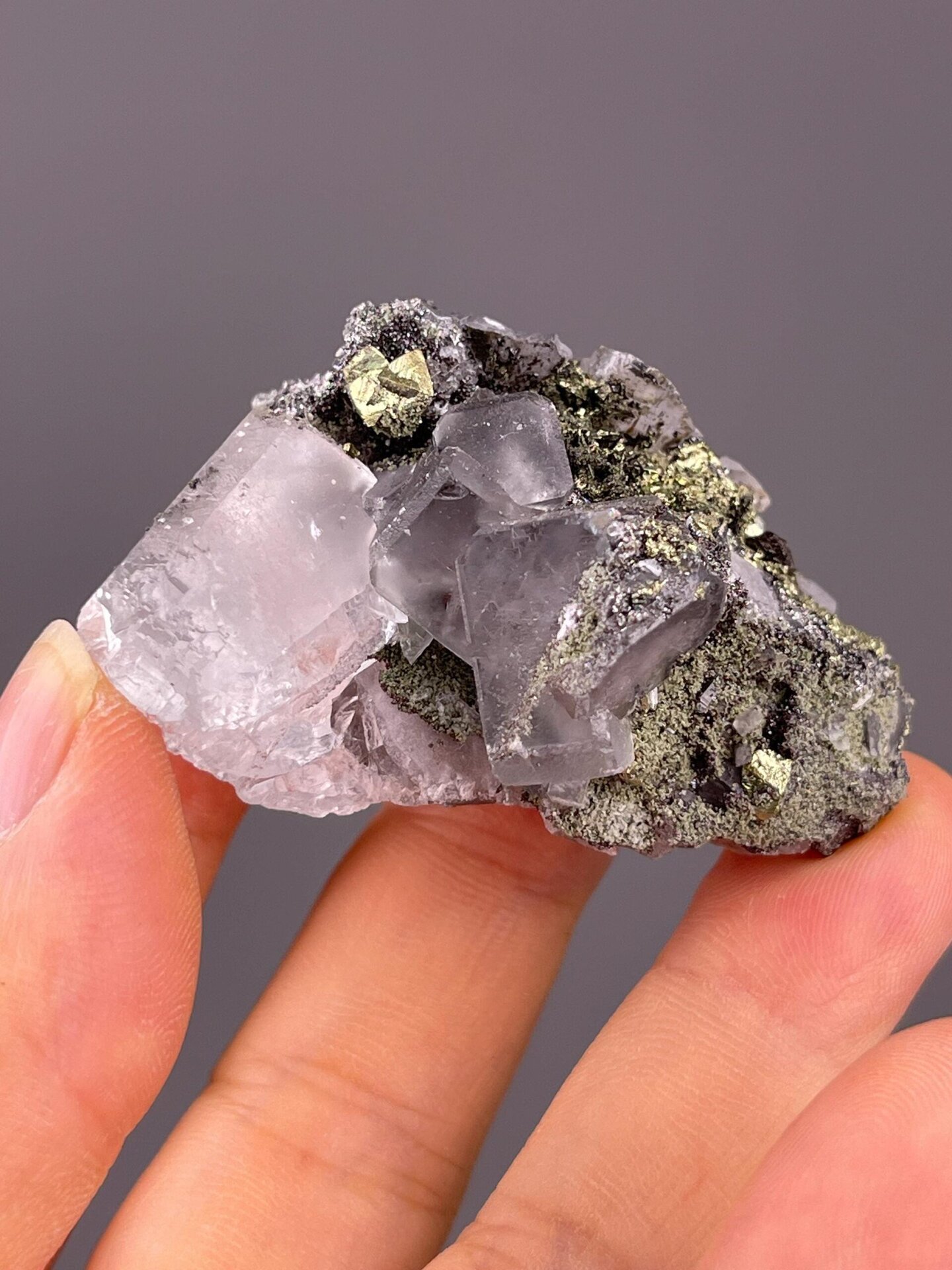 Hunan fluorite pyrite specimen under studio lighting