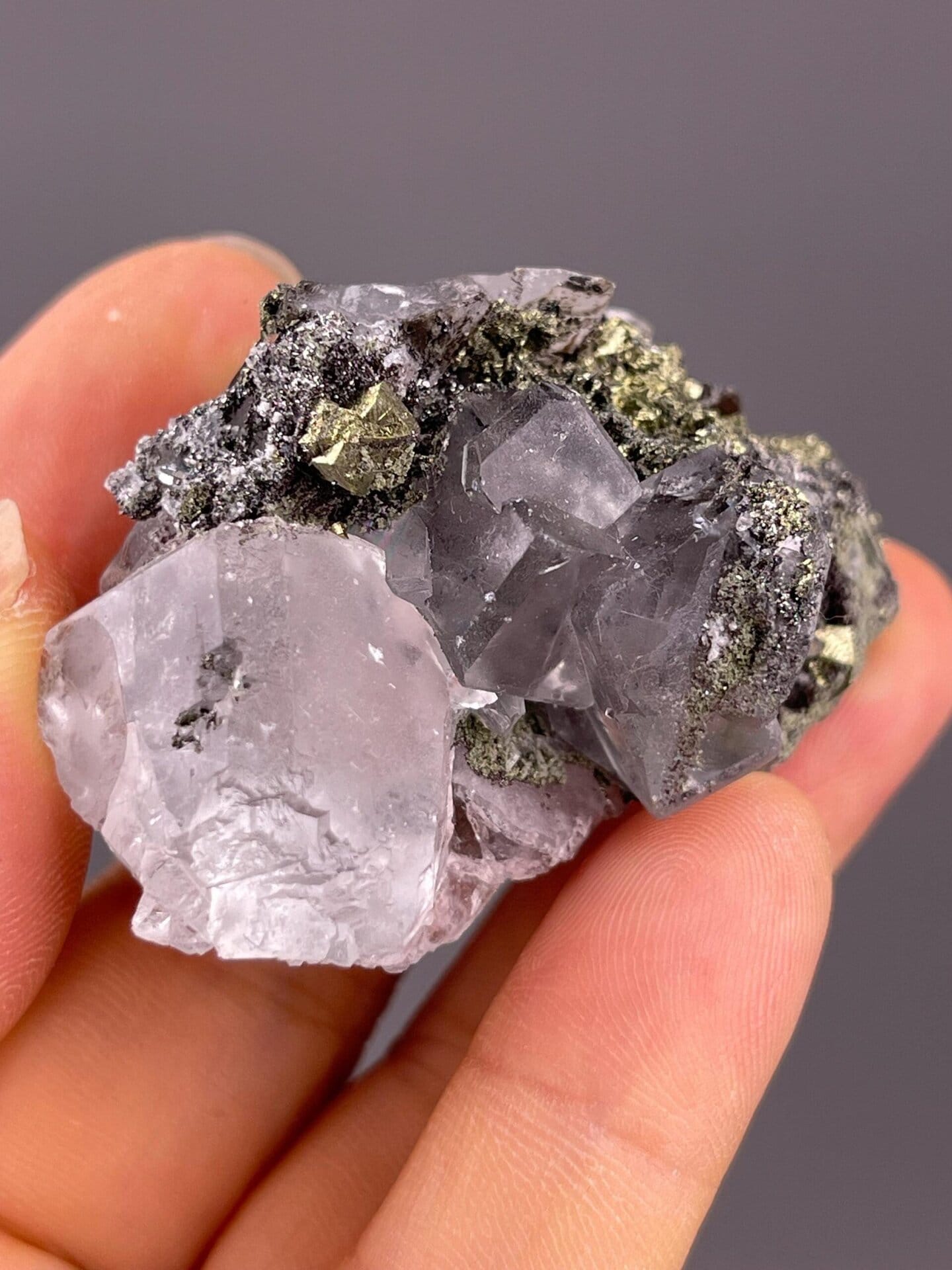 Back view of fluorite pyrite on sulfide matrix