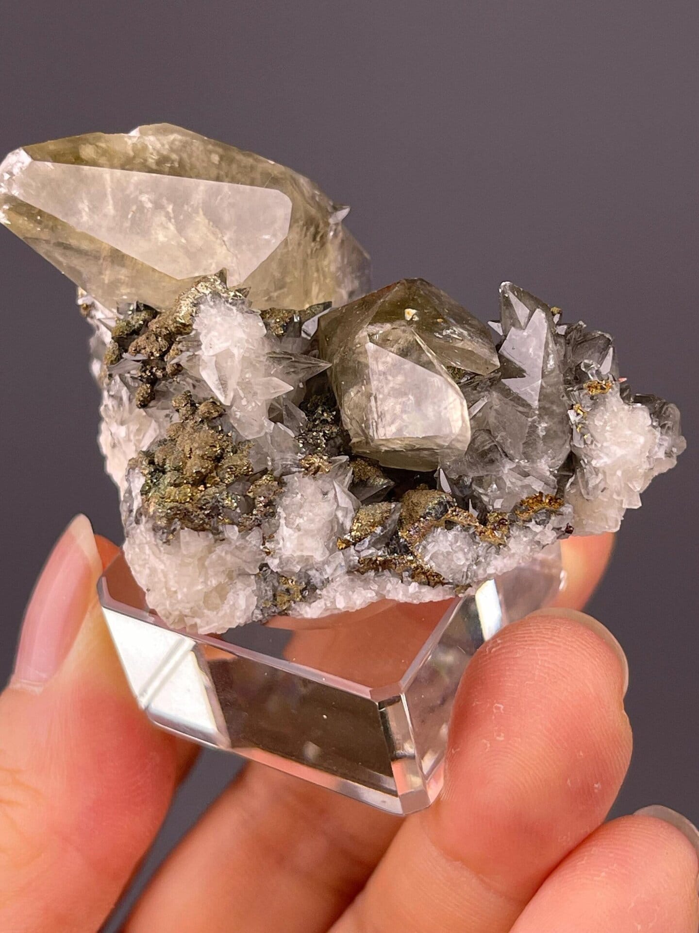 Pyrite inclusions gleaming in bicolor calcite