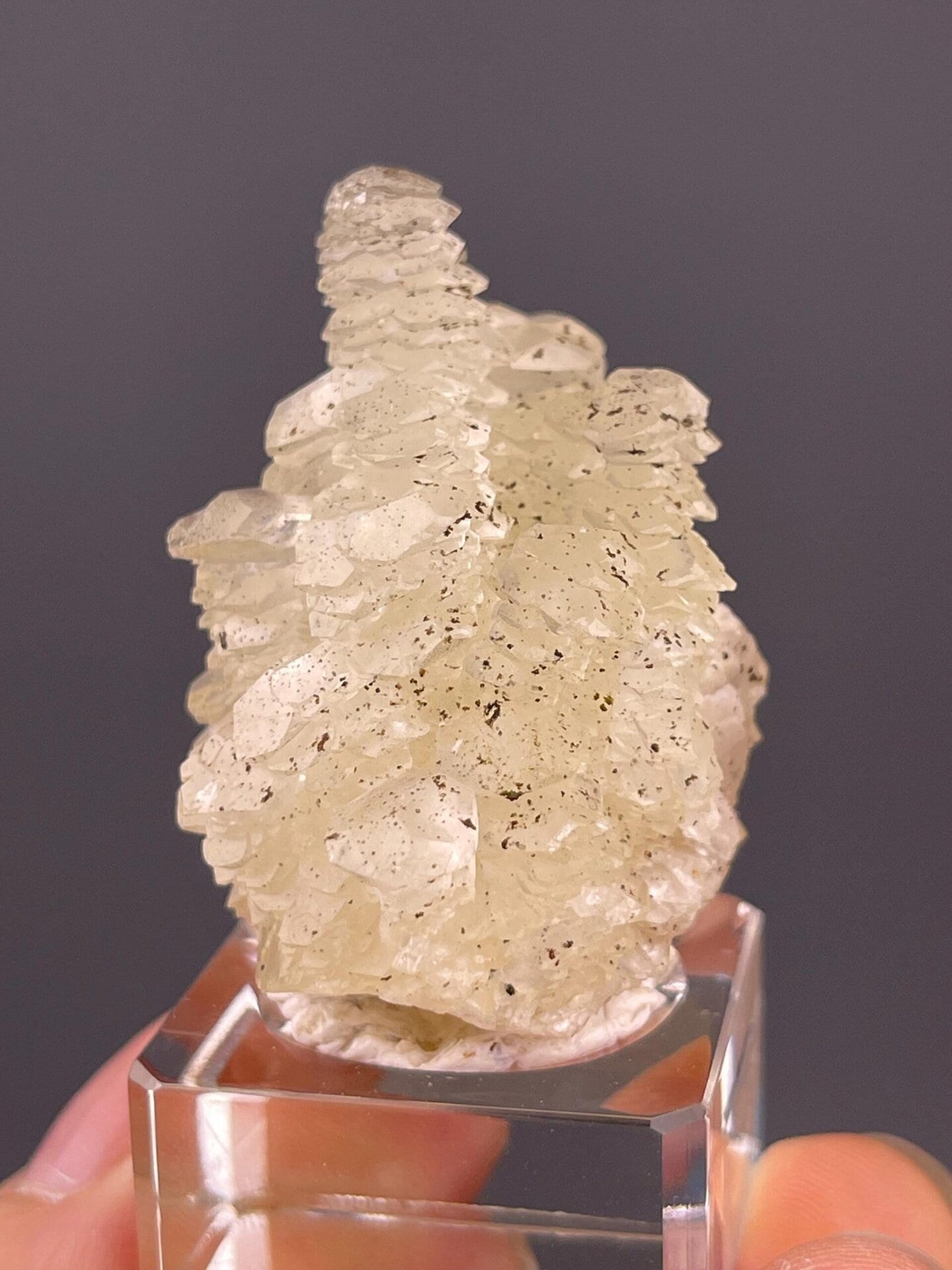 Top view of calcite tower apex with pyrite sparkle