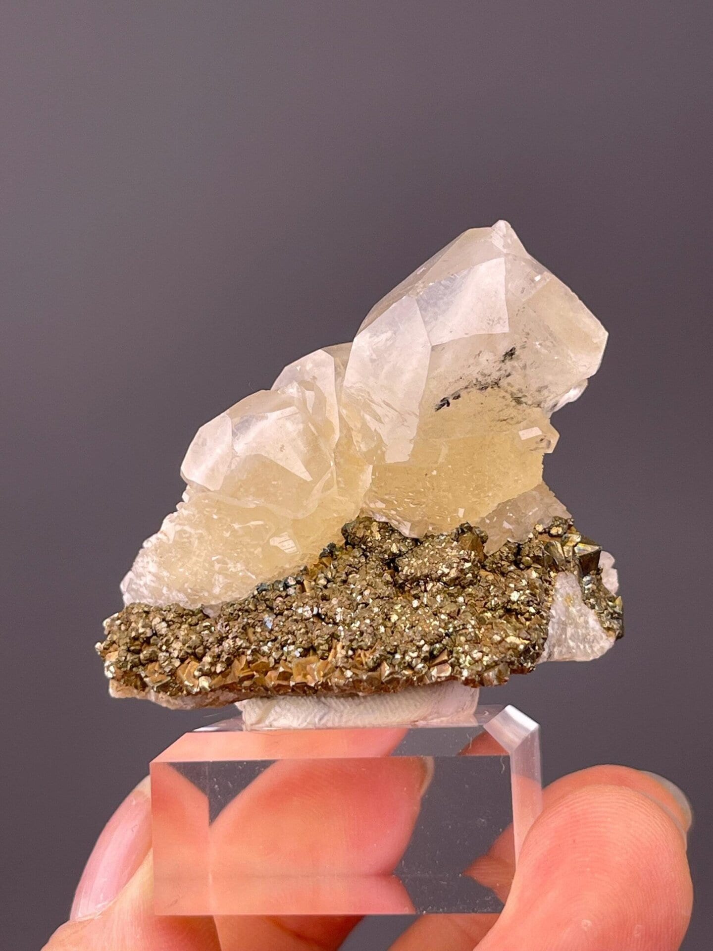 Translucent calcite crystals on pyrite from Chenzhou, Hunan, China