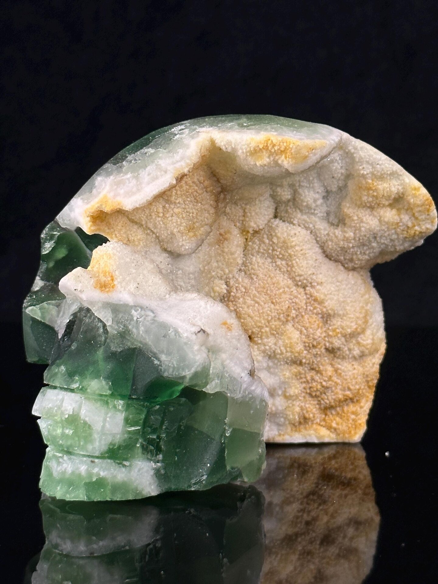 Side view of fluorite skull geode, 3.5×2×3 in