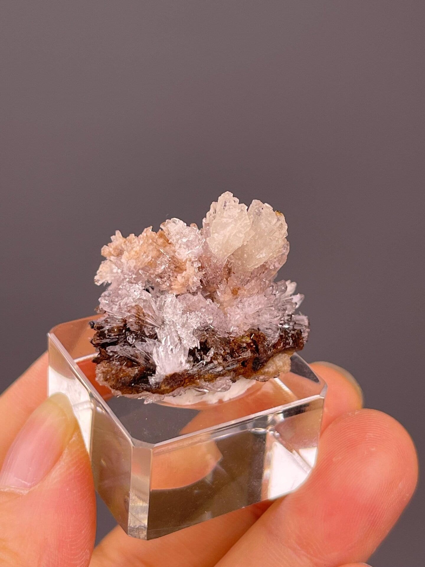 Close-up of peach and white selenite needle crystals