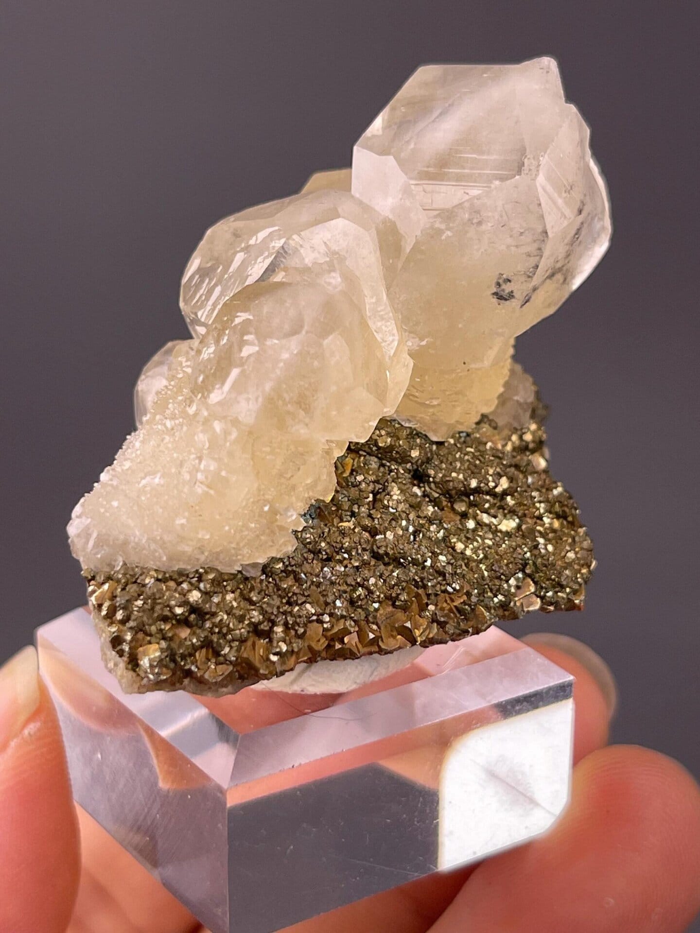 CaCO₃ on FeS₂, trigonal calcite on pyrite, Chenzhou, 2.12 oz