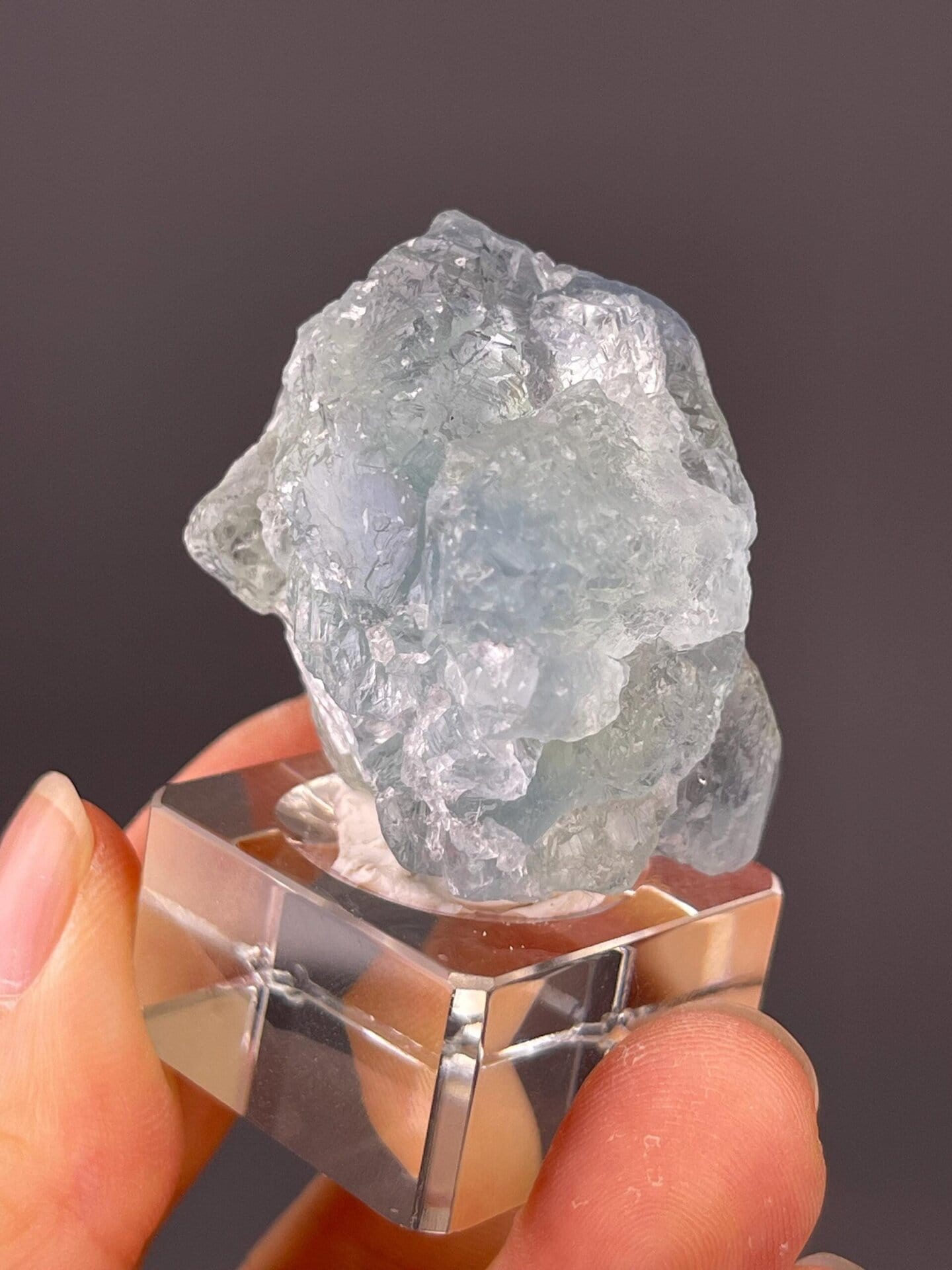 Angled view of icy blue fluorite cluster