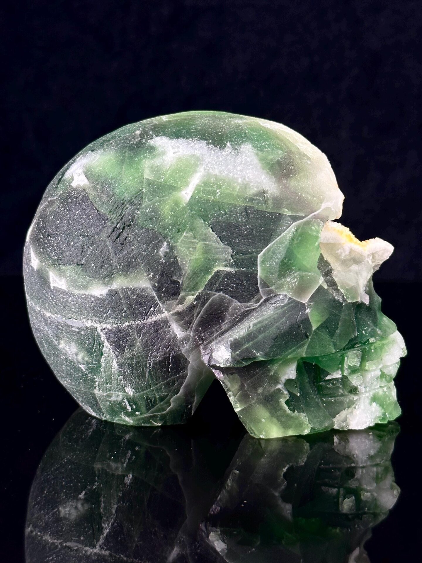 Back view of hand-carved green fluorite skull