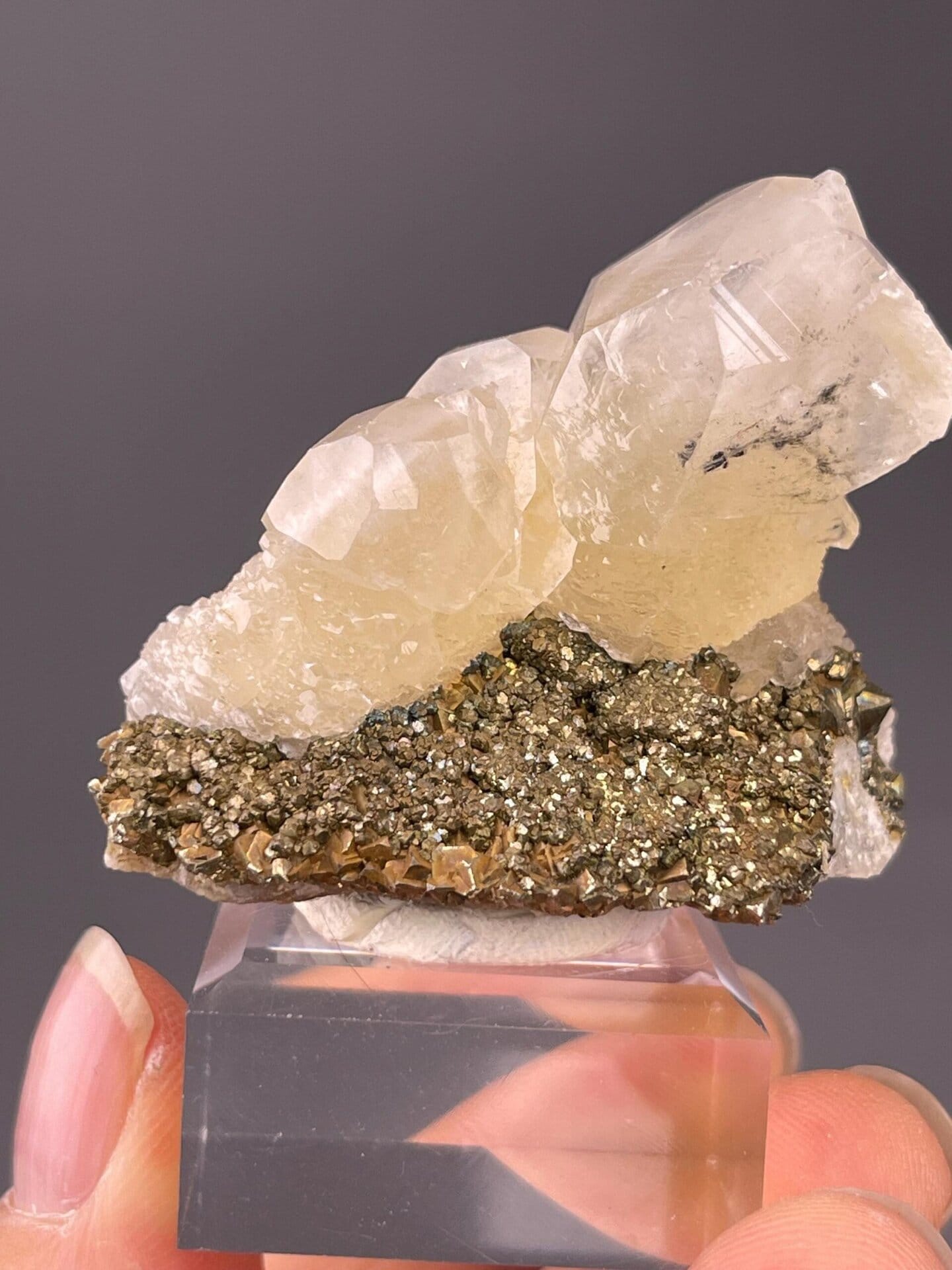 Translucent calcite on pyrite, old mine, Chenzhou, Hunan