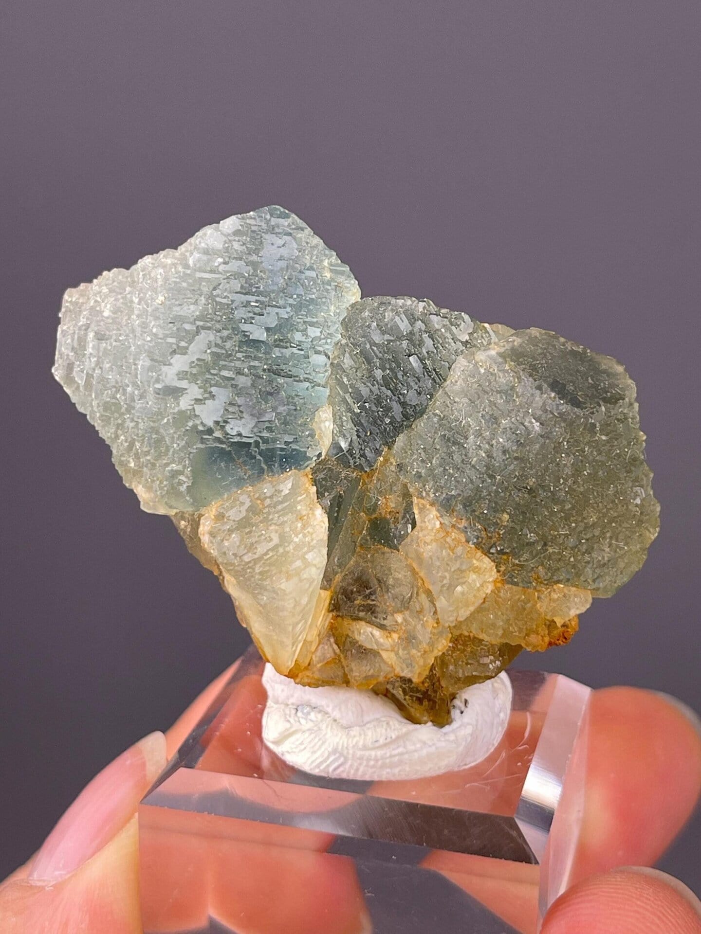 Twinned blue-green fluorite with etched surfaces from Yaogangxian Mine, Hunan