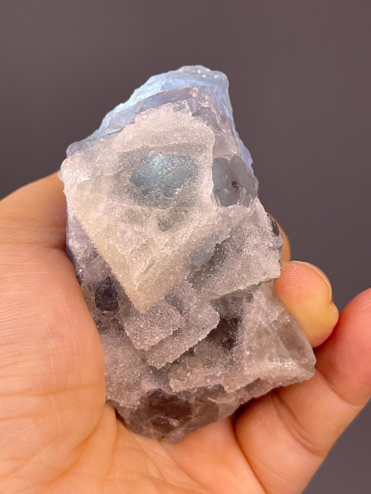 Front view of sugar-coated blue fluorite, 2.8×1.5×1.5 in