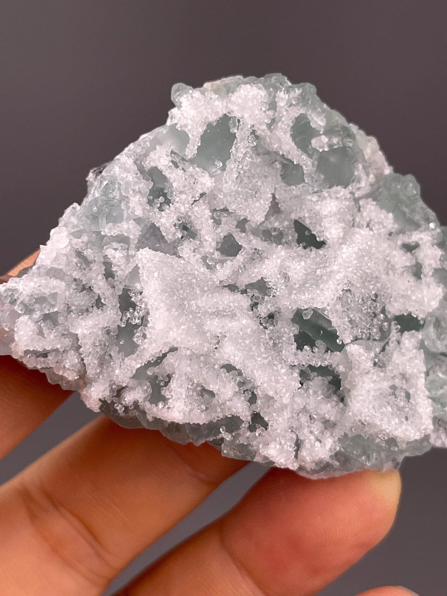 CaF₂ fluorite on SiO₂ druzy quartz, cubic, Mohs 4, China, 65 g (2.29 oz)