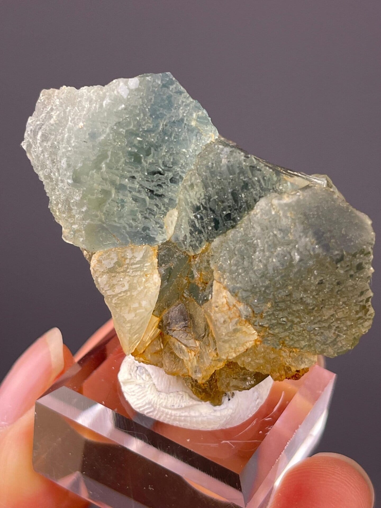 Angled view of etched blue-green fluorite twin