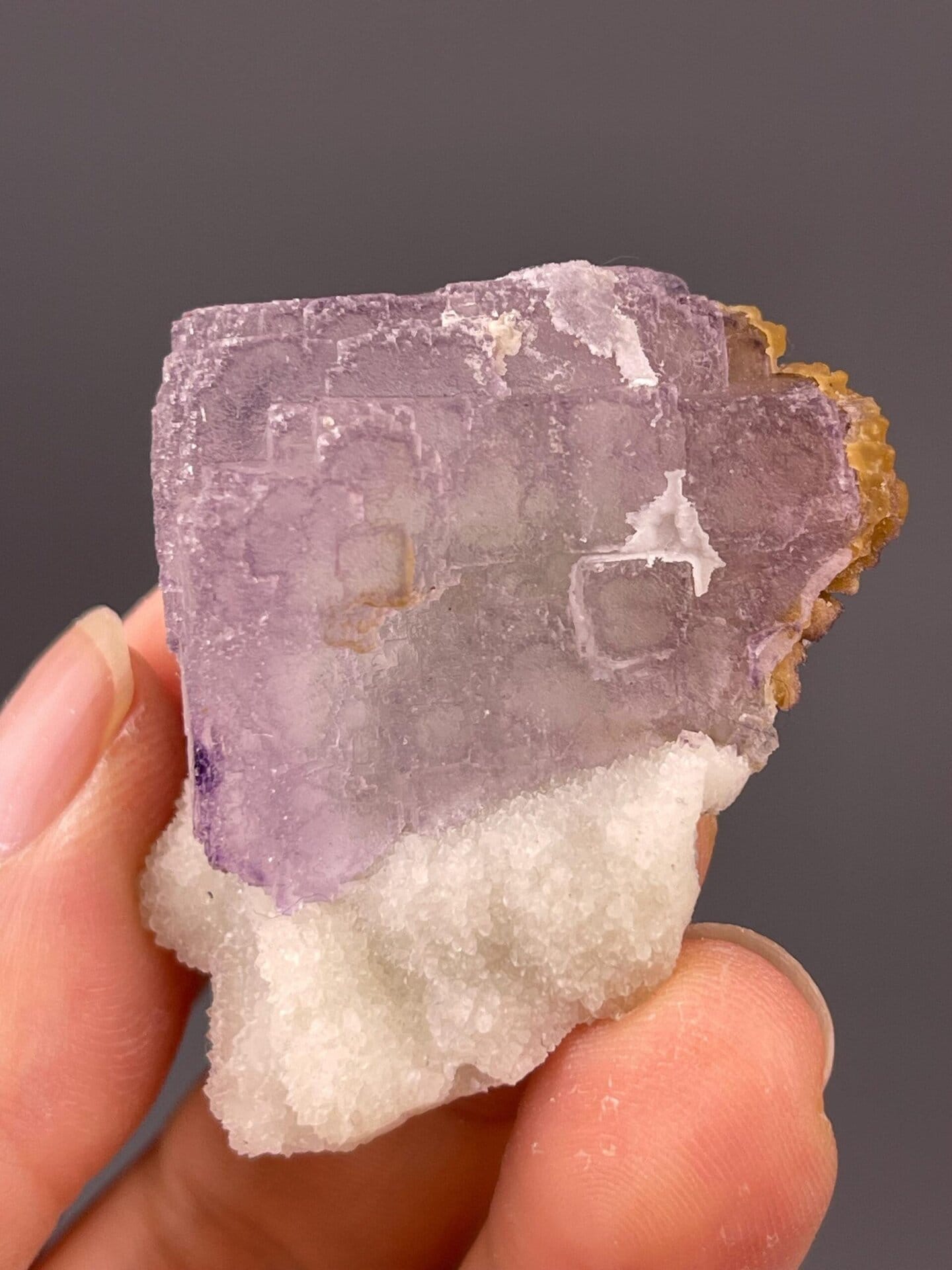 Detail of stepped QR-code pattern on fluorite crystal
